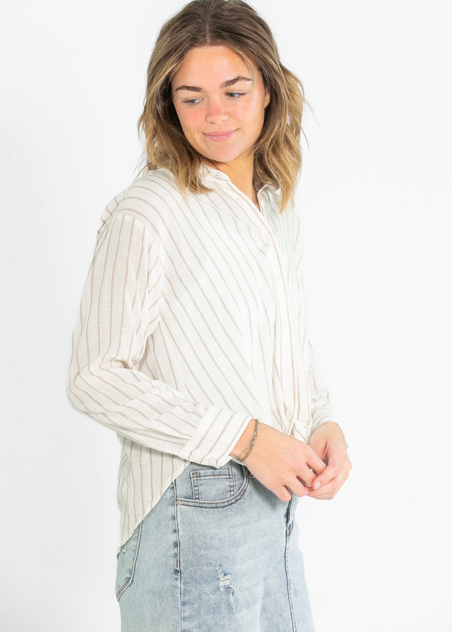 Striped Long Sleeve Button Up Twist Hem Top - FINAL SALE
