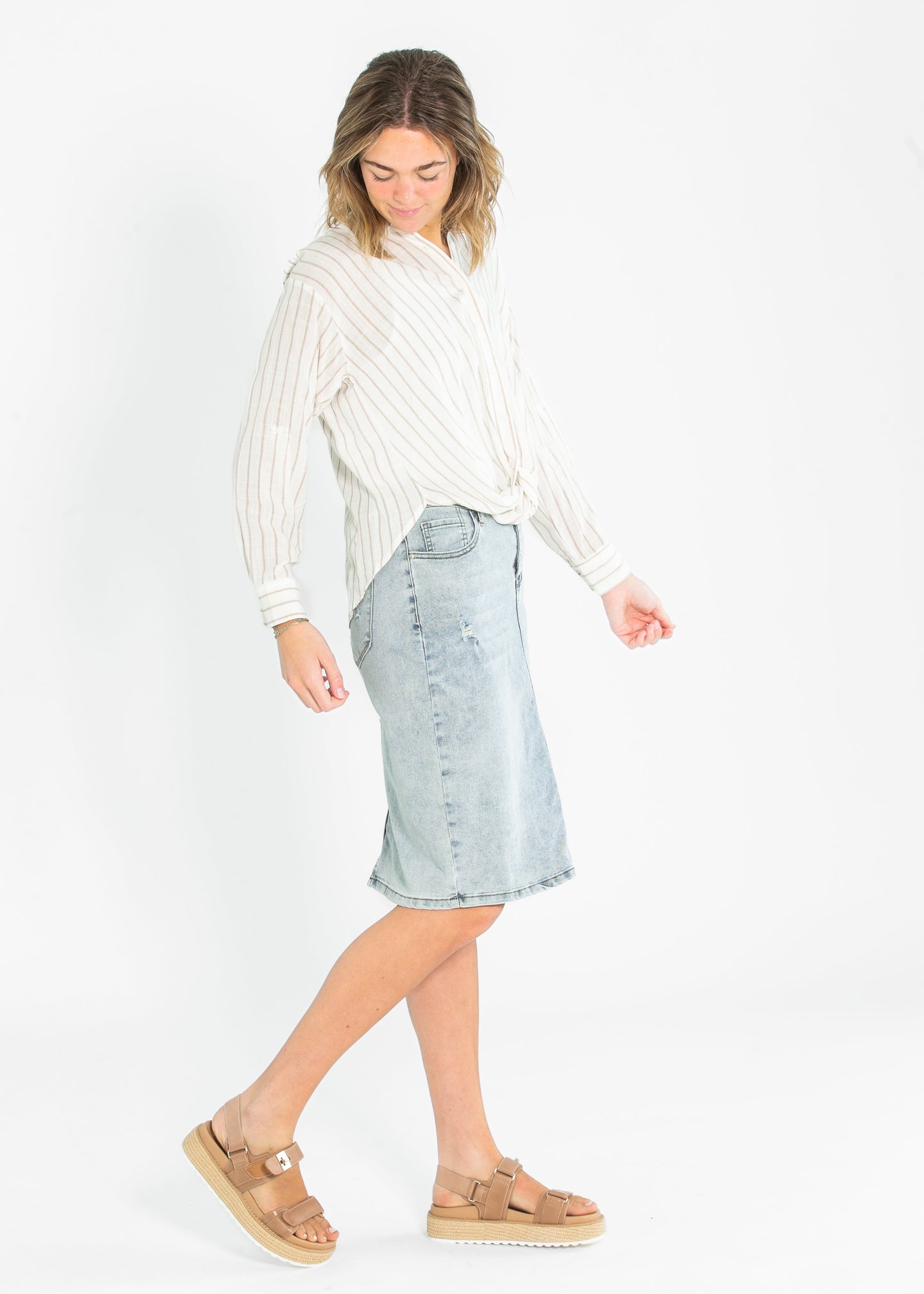 Striped Long Sleeve Button Up Twist Hem Top - FINAL SALE