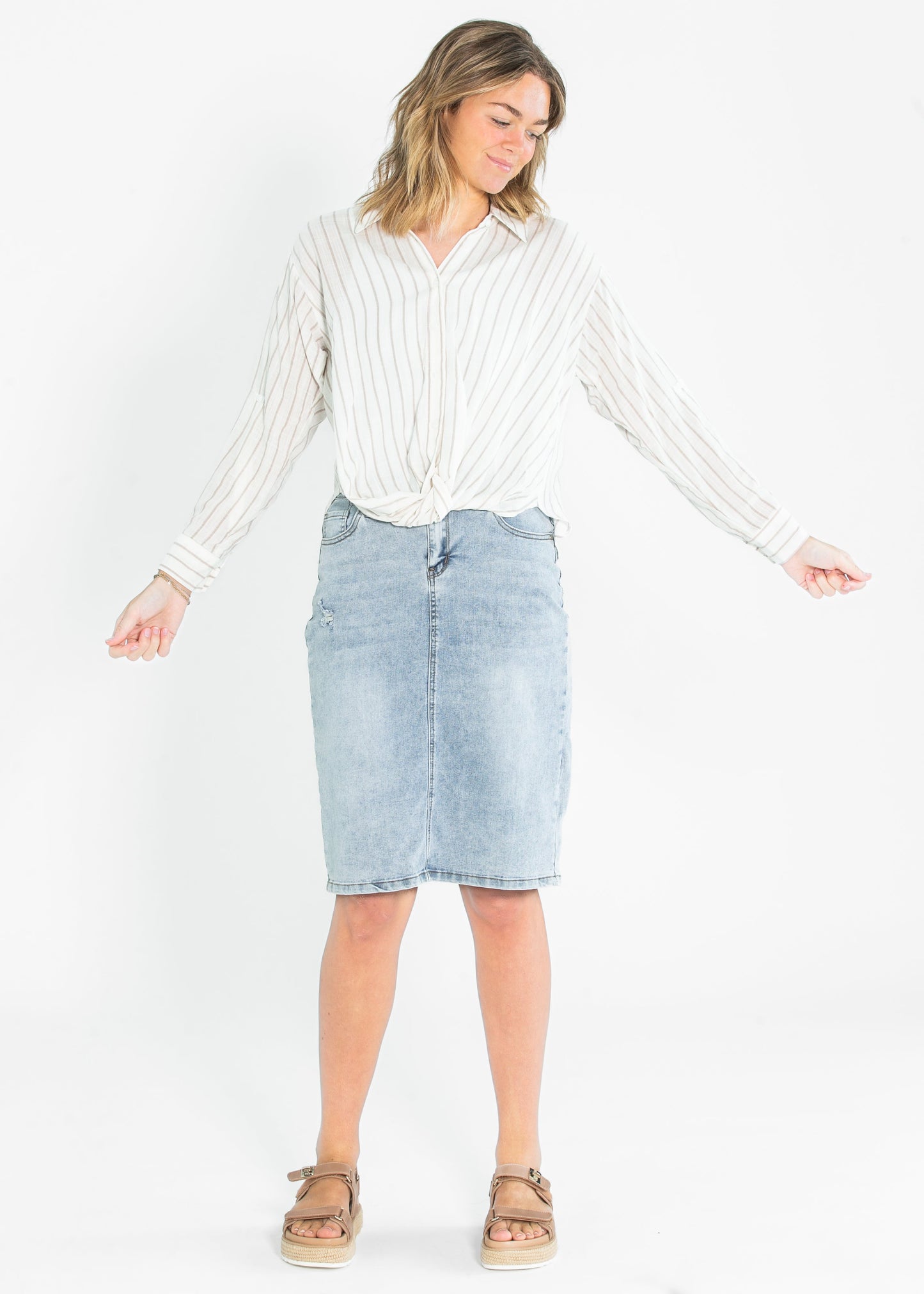Striped Long Sleeve Button Up Twist Hem Top - FINAL SALE