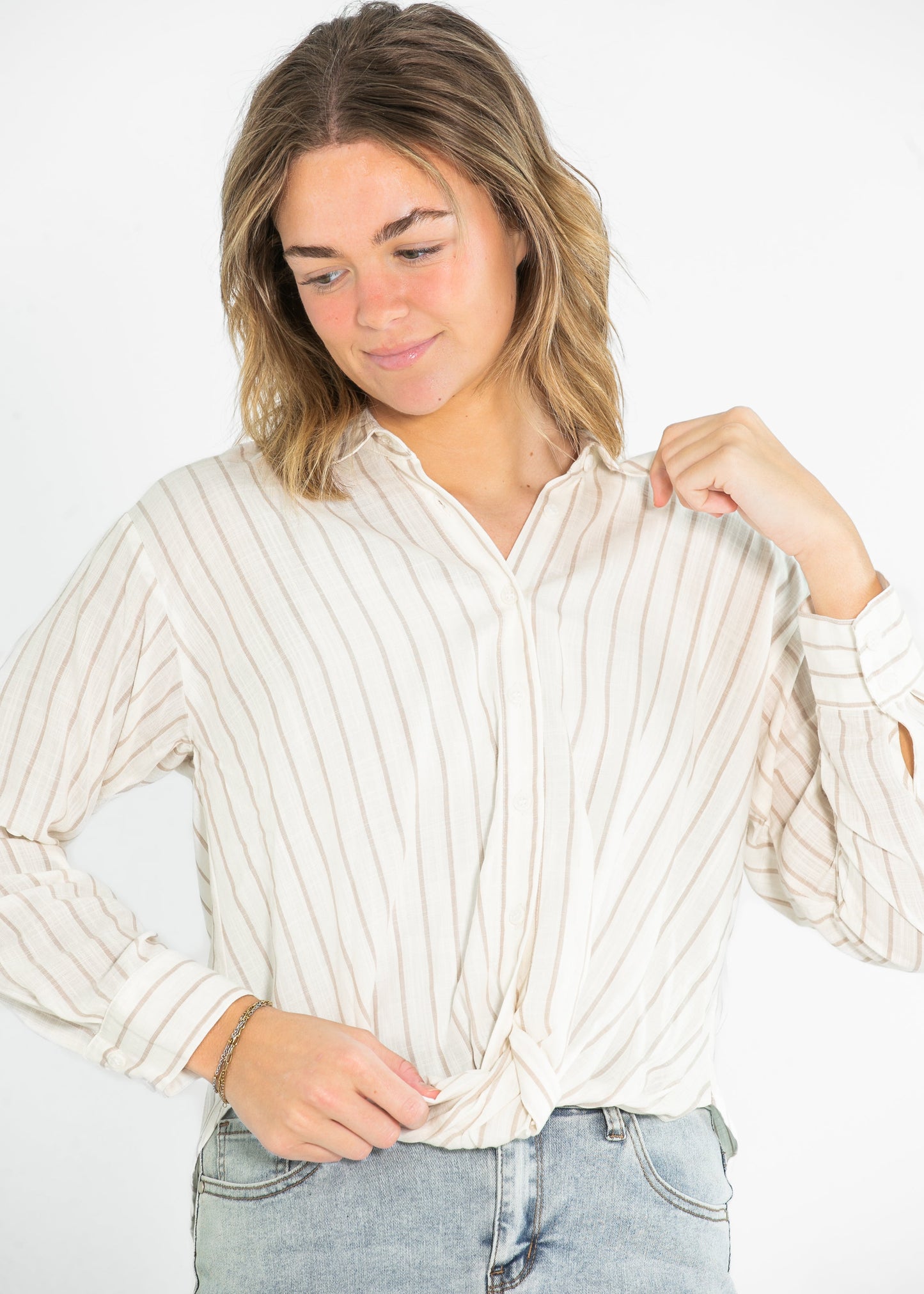 Striped Long Sleeve Button Up Twist Hem Top - FINAL SALE