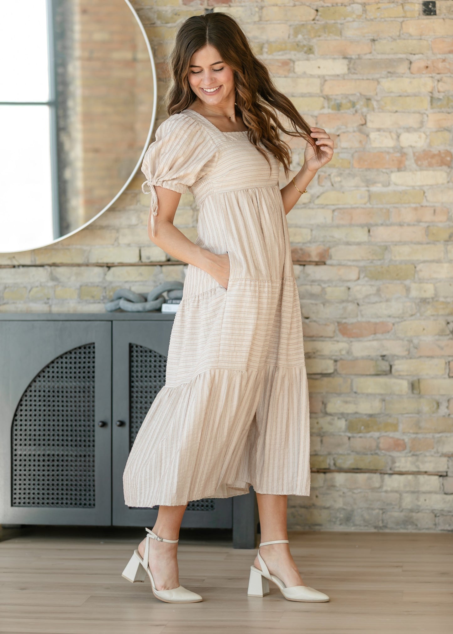 Striped Square Neck Tie Sleeve Maxi Dress
