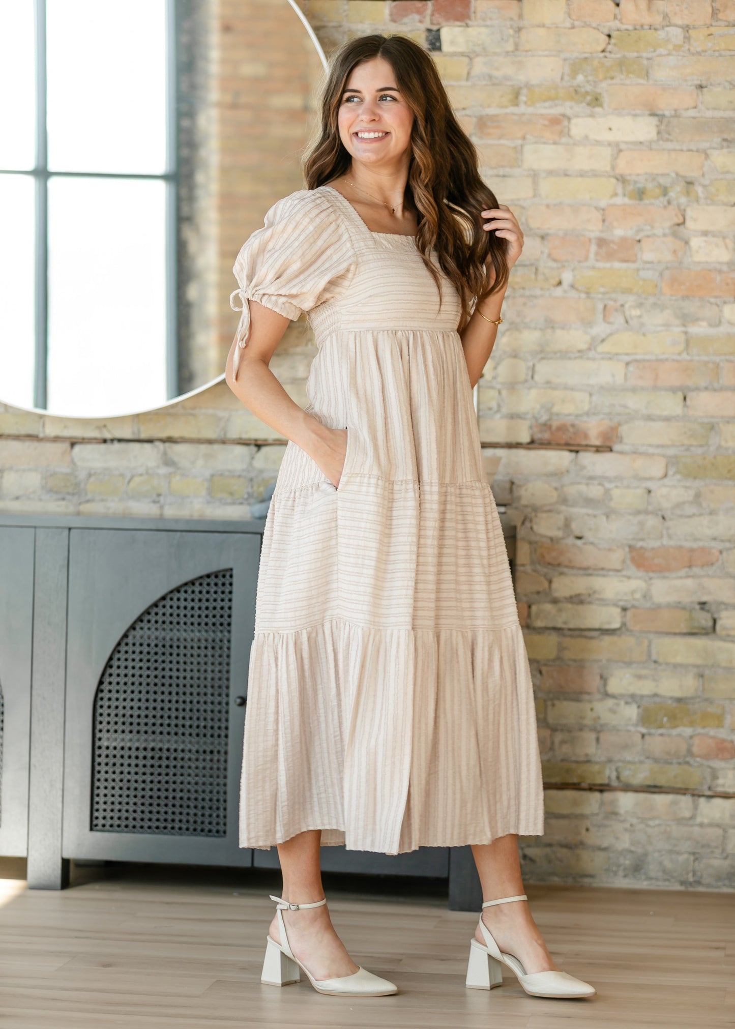 Striped Square Neck Tie Sleeve Maxi Dress