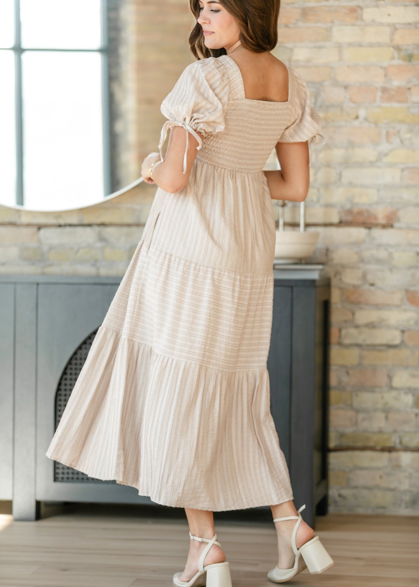 Striped Square Neck Tie Sleeve Maxi Dress