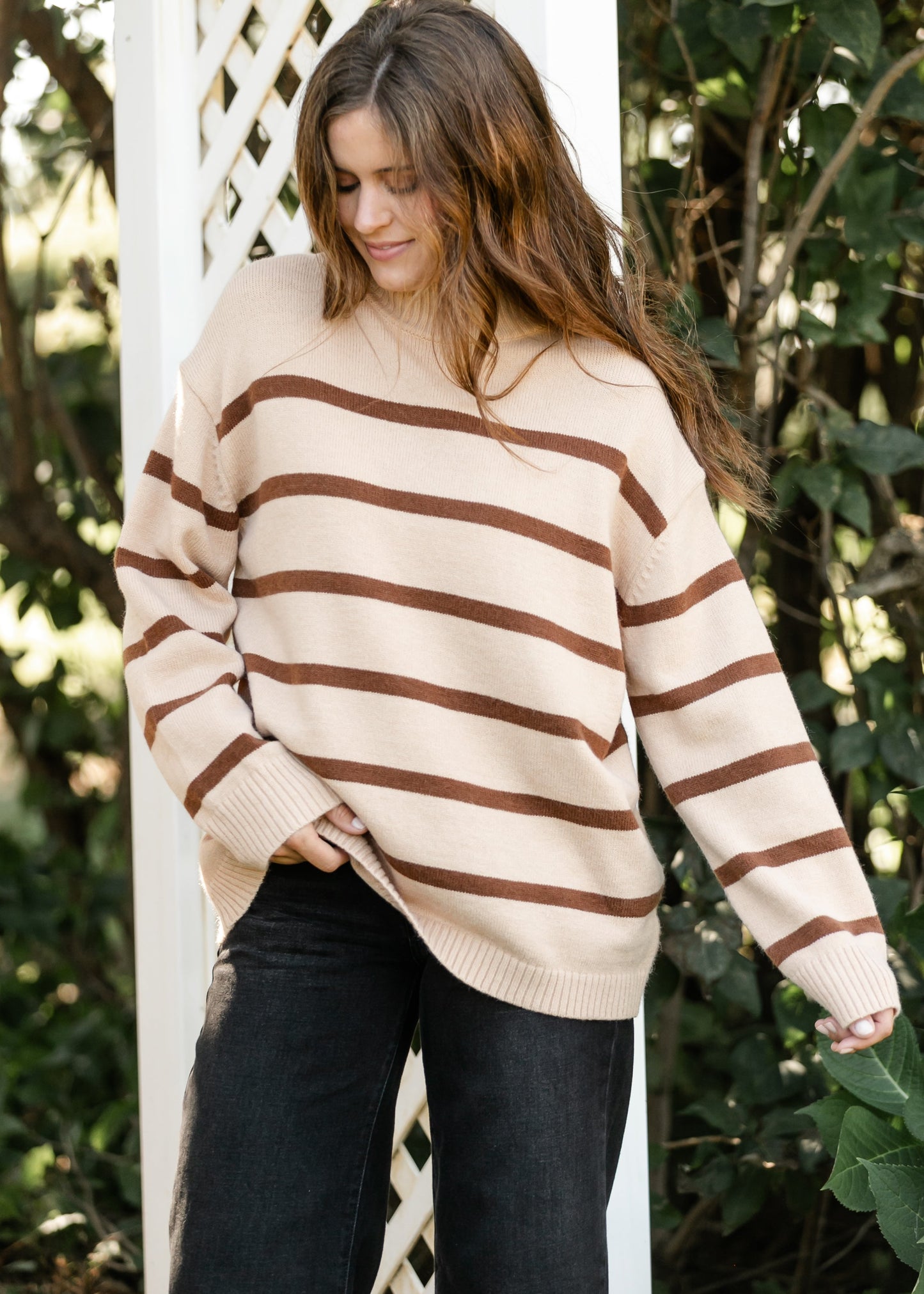 Striped Taupe Turtleneck Sweater