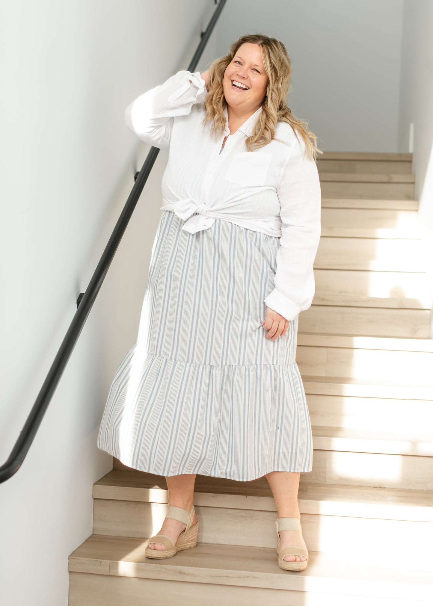 Summer Blue Stripe Flutter Sleeve Midi Dress