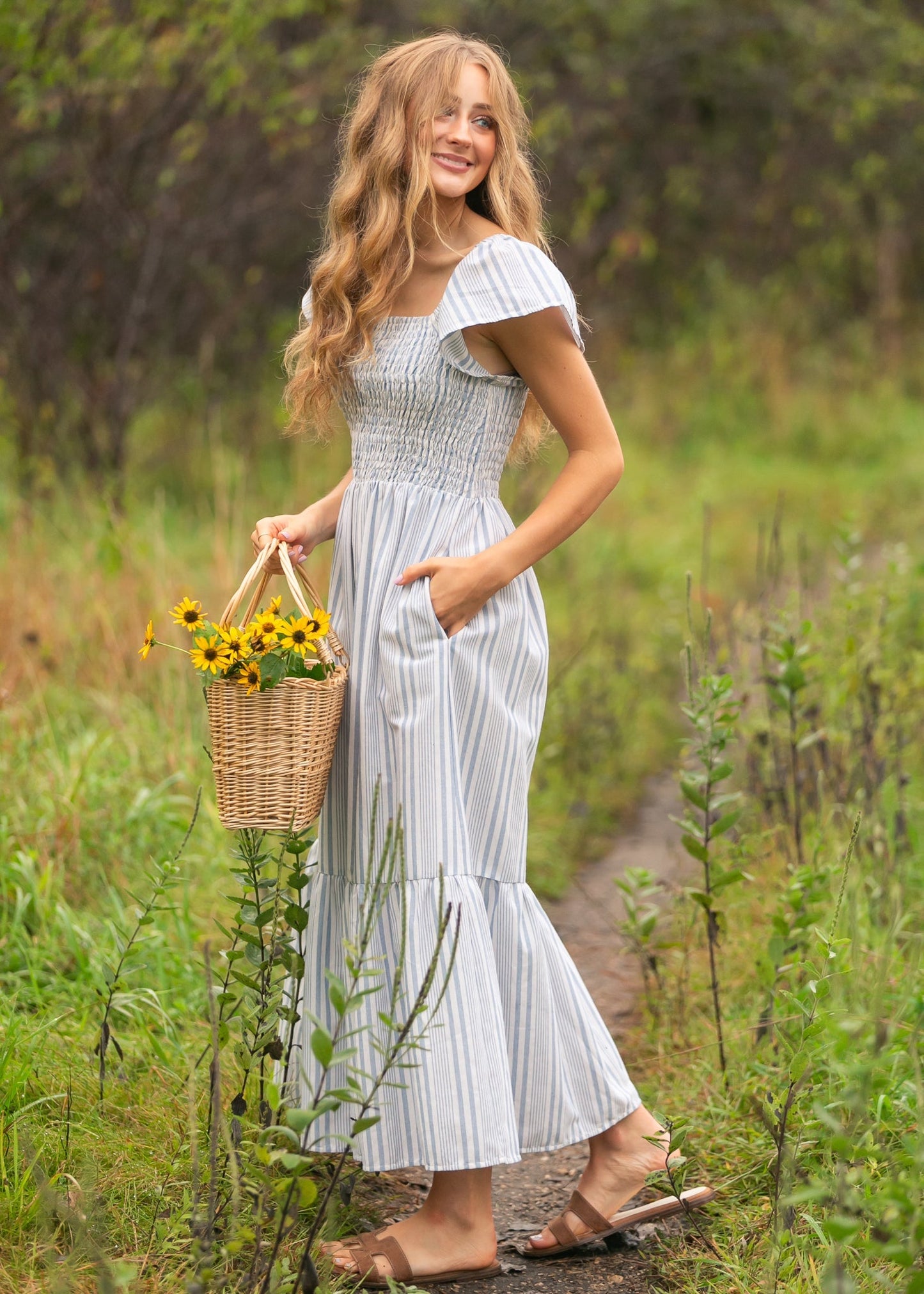 Summer Blue Stripe Flutter Sleeve Midi Dress