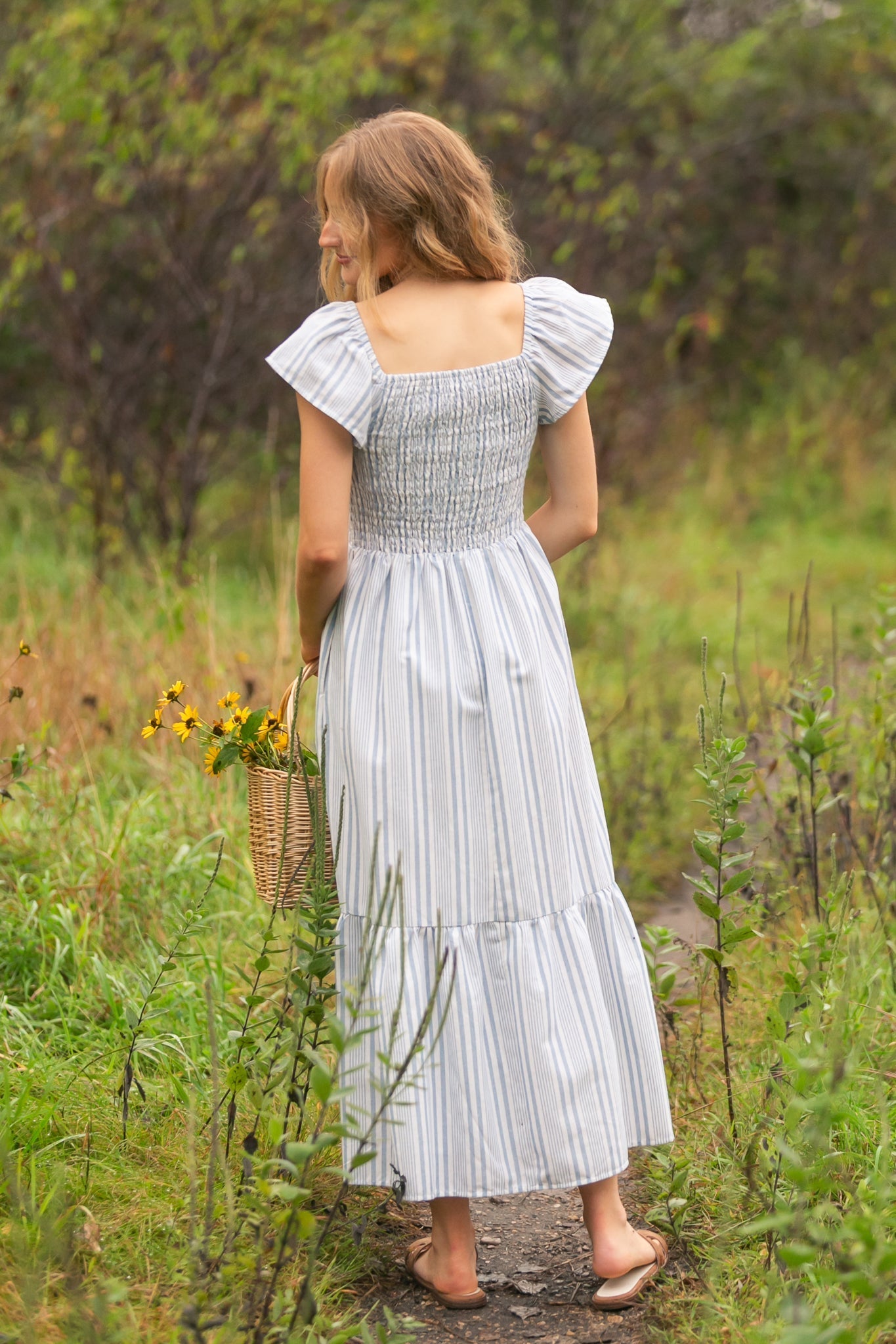 Summer Blue Stripe Flutter Sleeve Midi Dress