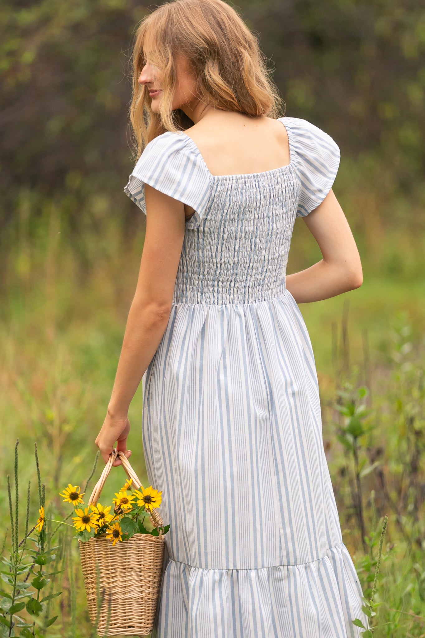 Summer Blue Stripe Flutter Sleeve Midi Dress