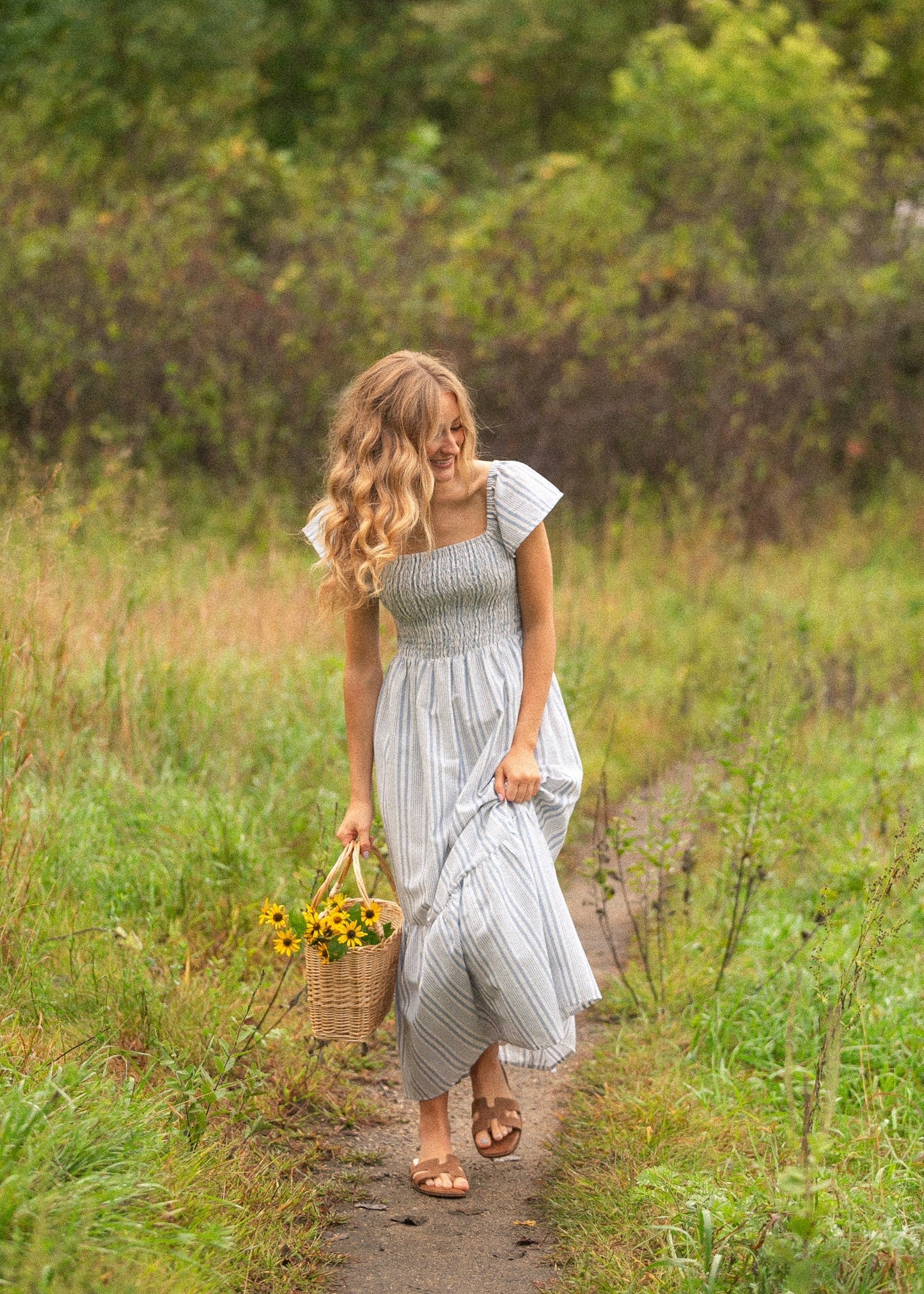Summer Blue Stripe Flutter Sleeve Midi Dress