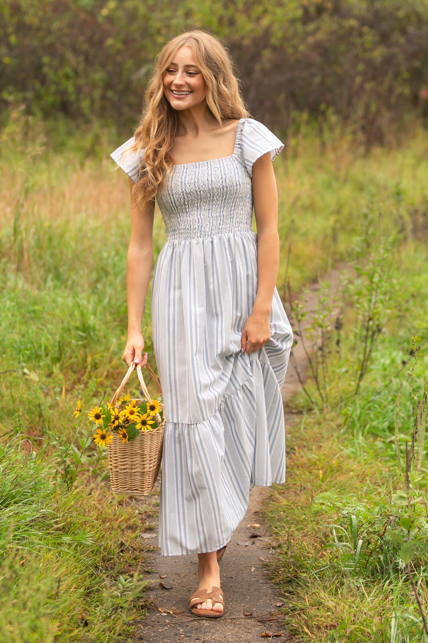 Summer Blue Stripe Flutter Sleeve Midi Dress