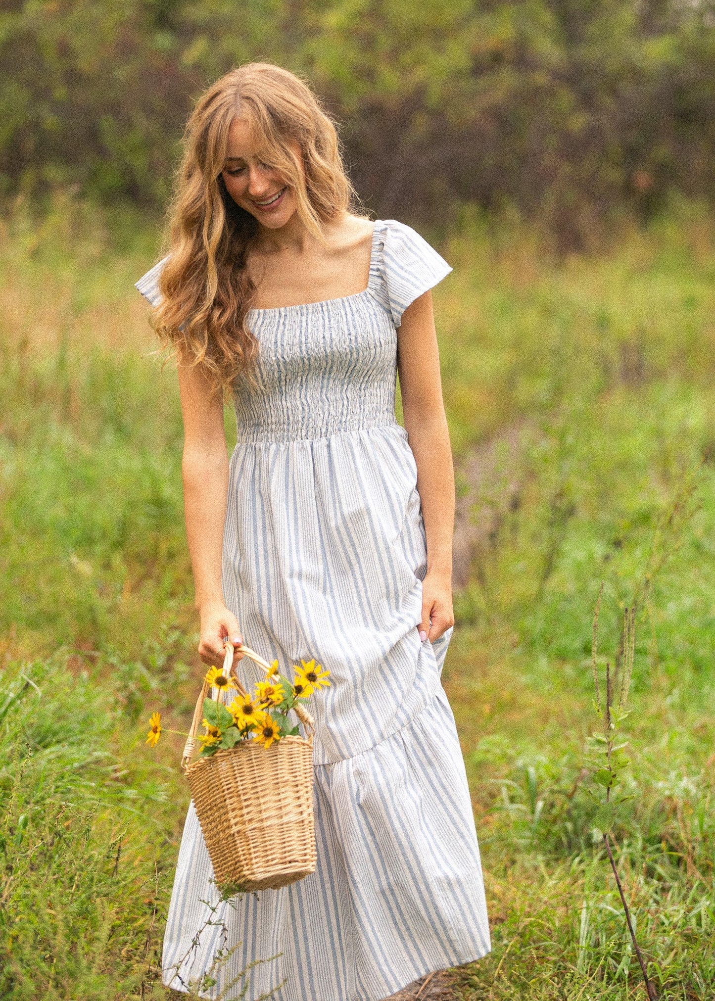 Summer Blue Stripe Flutter Sleeve Midi Dress