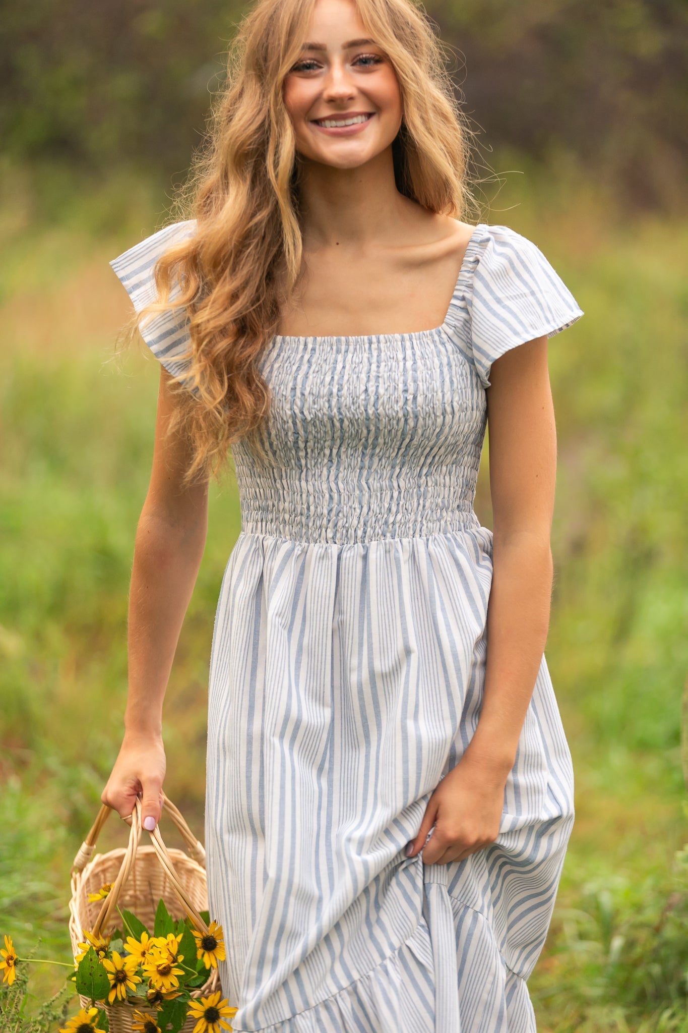 Summer Blue Stripe Flutter Sleeve Midi Dress