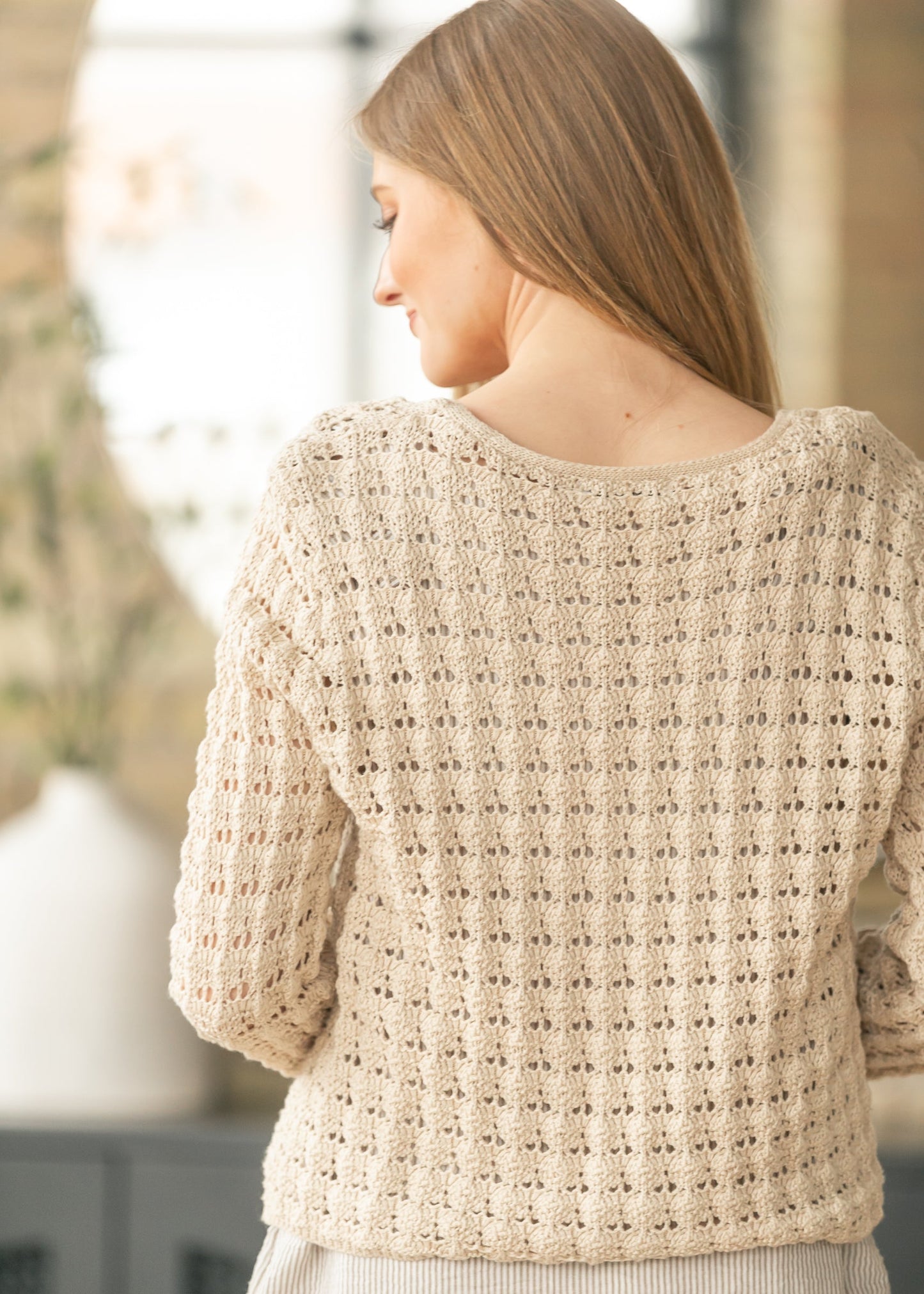 Tan Crochet Double Bow V-Neck Sweater