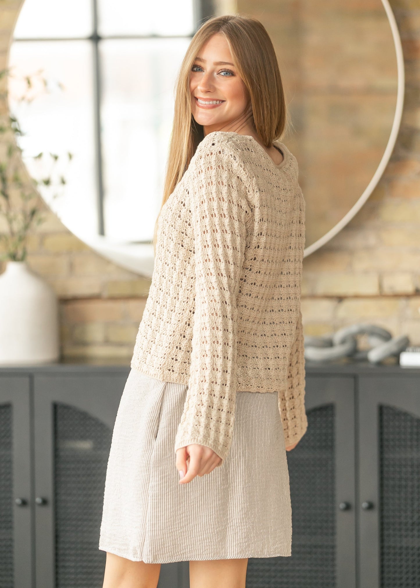 Tan Crochet Double Bow V-Neck Sweater