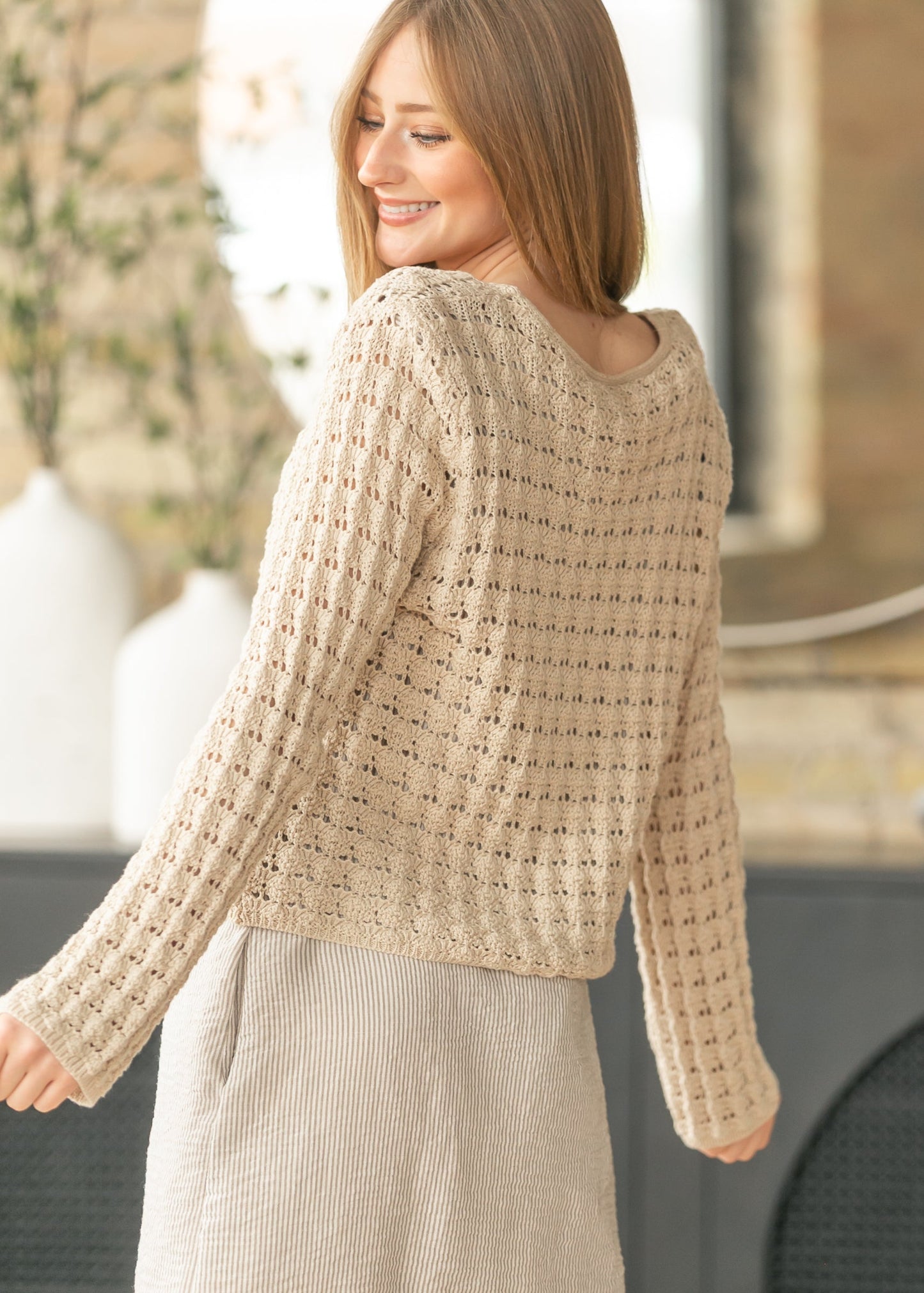 Tan Crochet Double Bow V-Neck Sweater