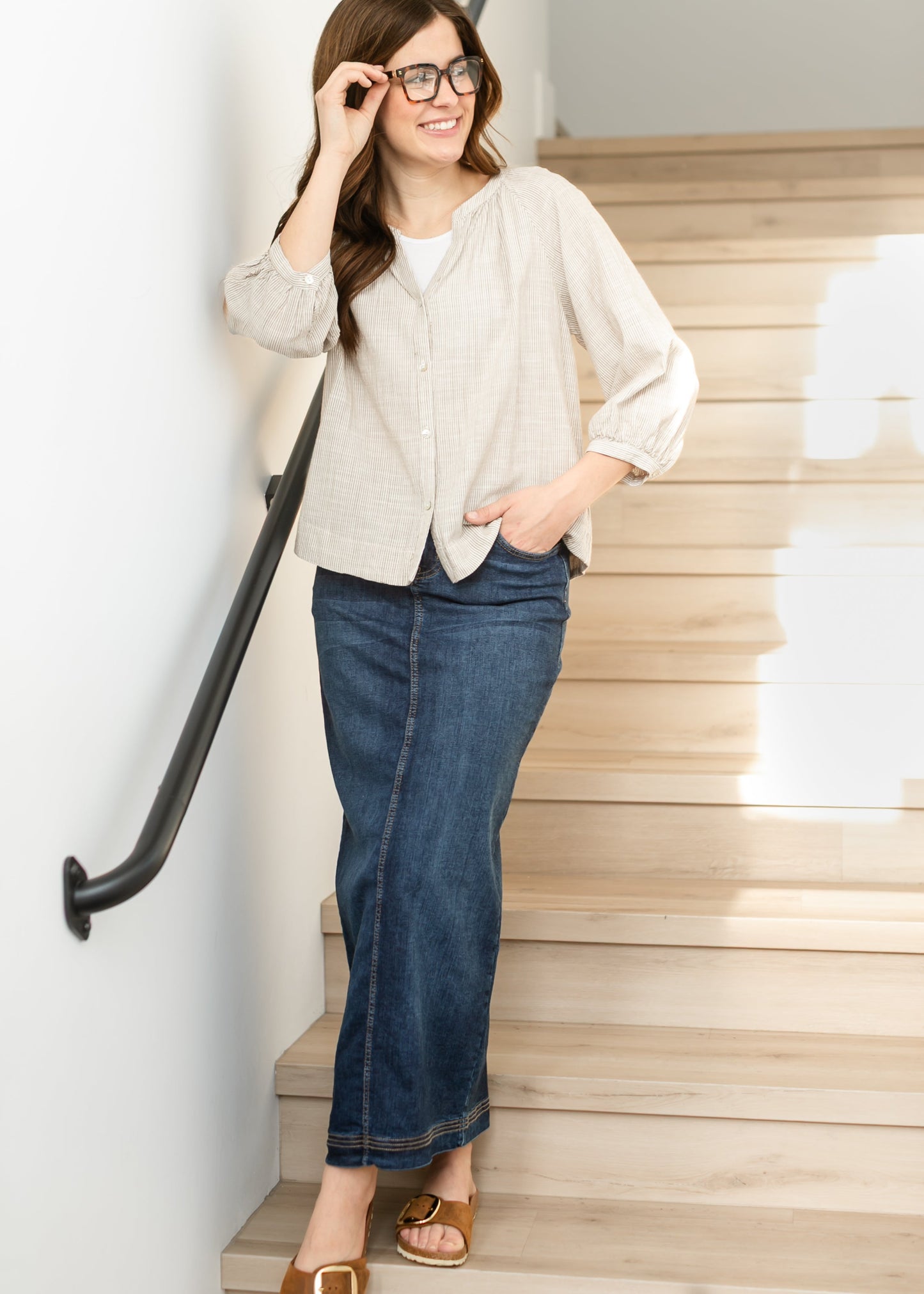 Taupe Stripe Woven Button Up Top