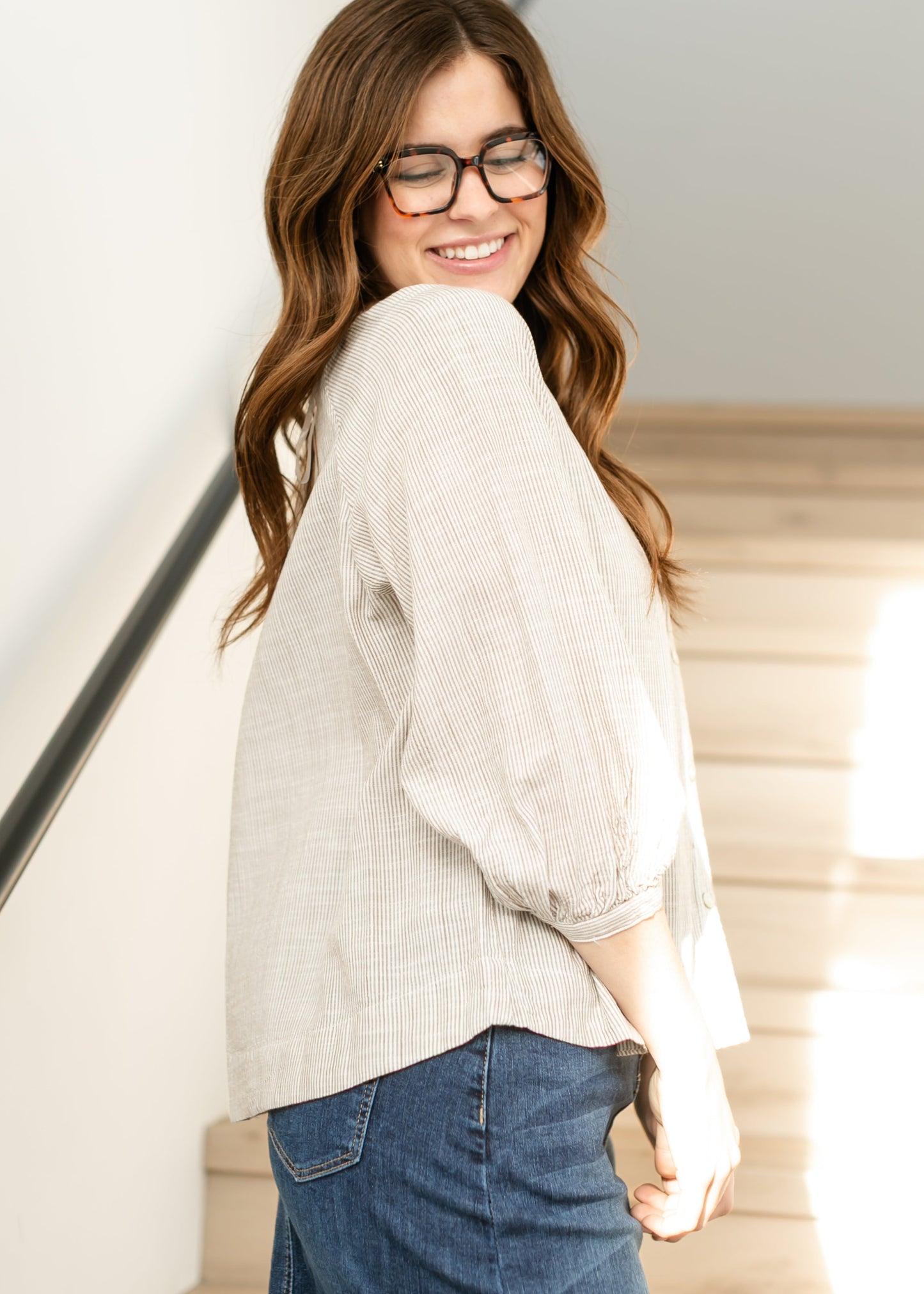 Taupe Stripe Woven Button Up Top