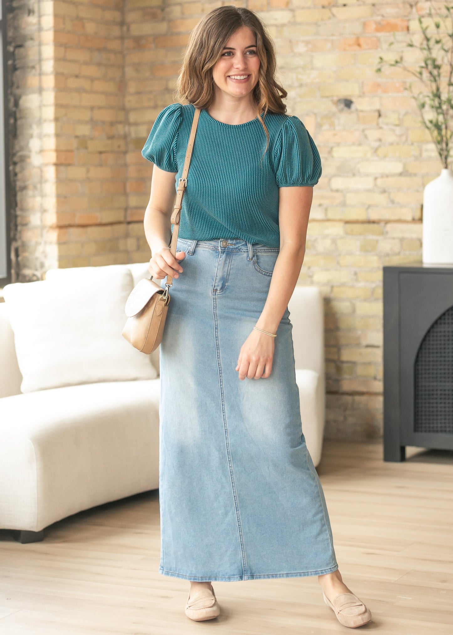 Teal Ribbed Puff Sleeve Top