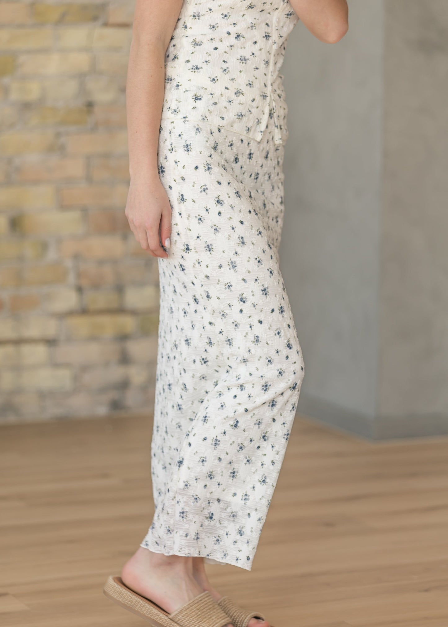 Textured Blue Floral Top & Maxi Skirt Set
