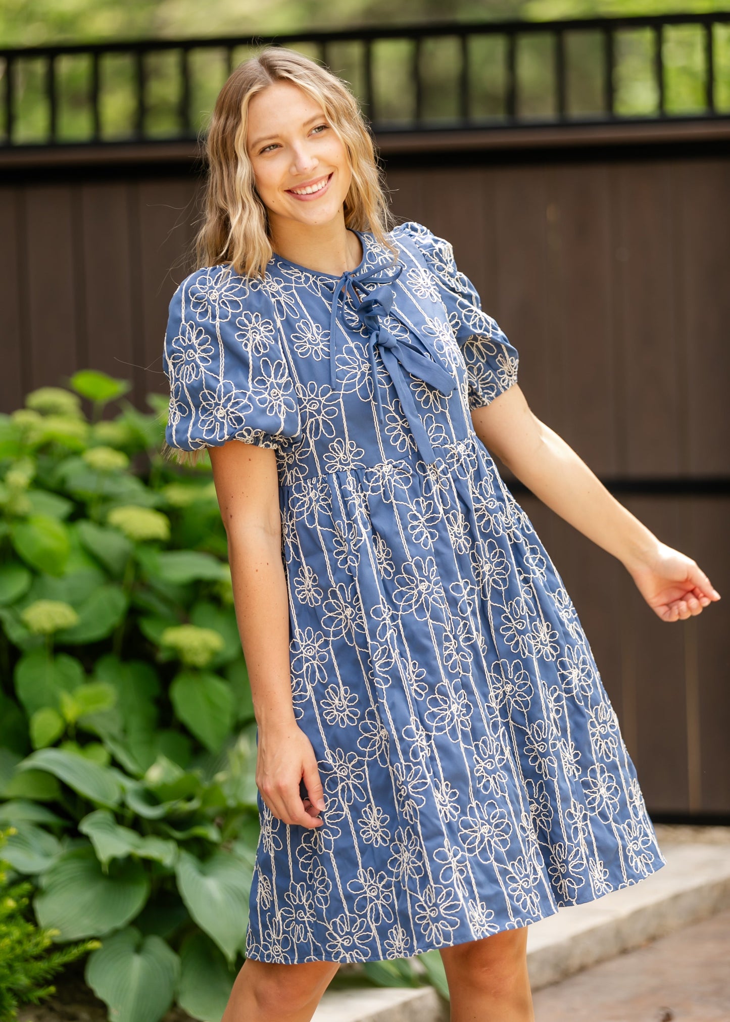 Textured Floral Print Bubble Sleeve Dress - FINAL SALE