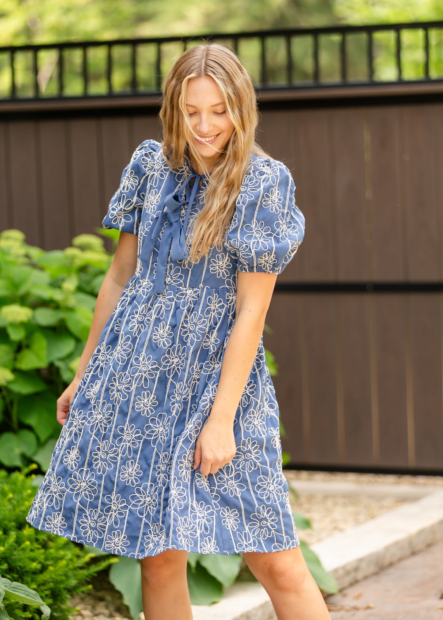 Textured Floral Print Bubble Sleeve Dress - FINAL SALE