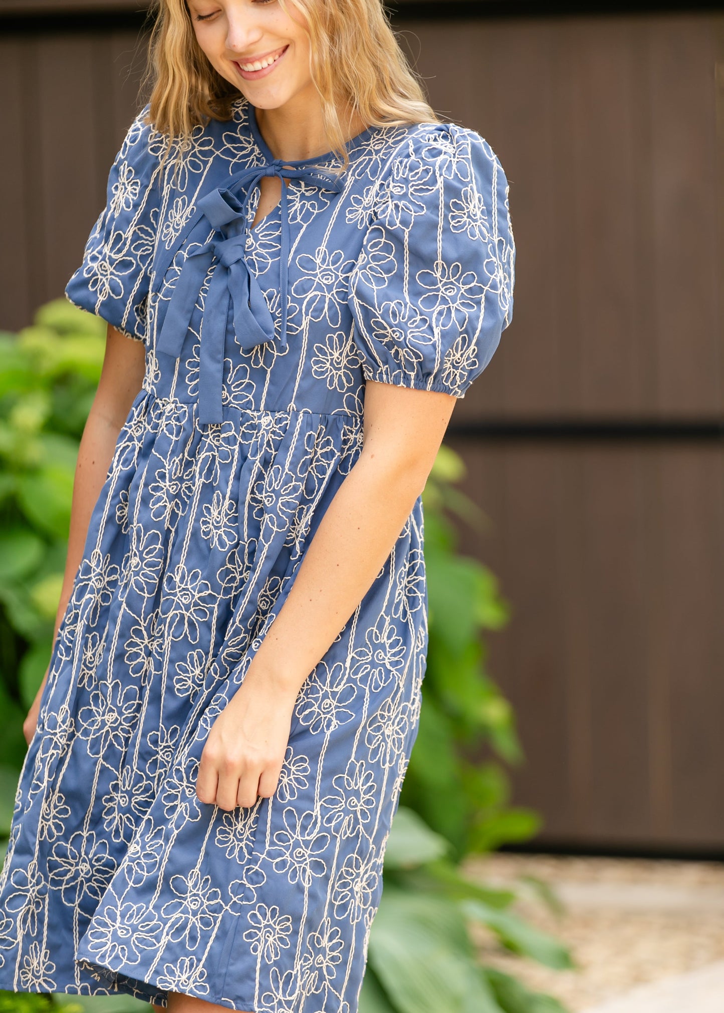 Textured Floral Print Bubble Sleeve Dress - FINAL SALE