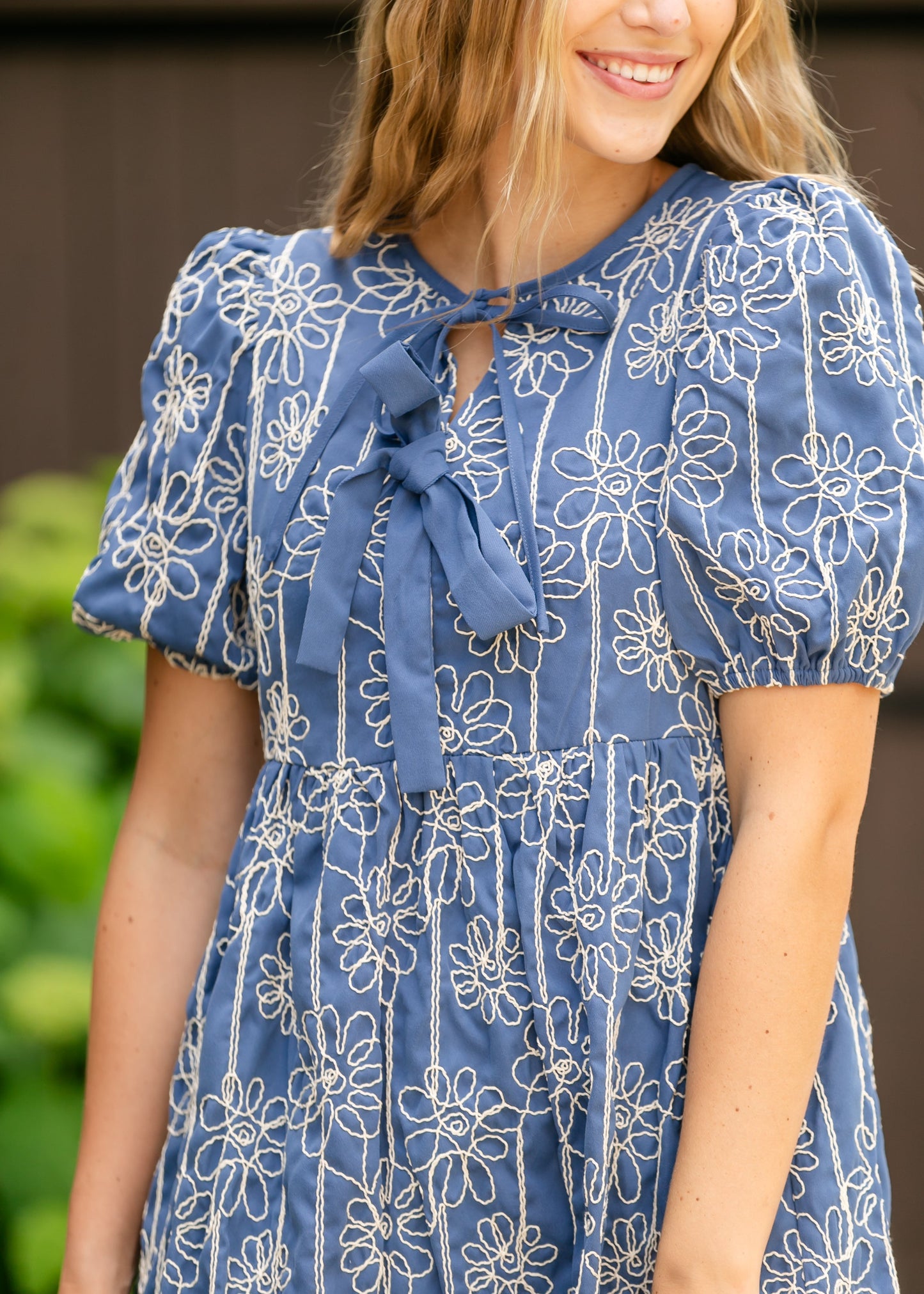 Textured Floral Print Bubble Sleeve Dress - FINAL SALE