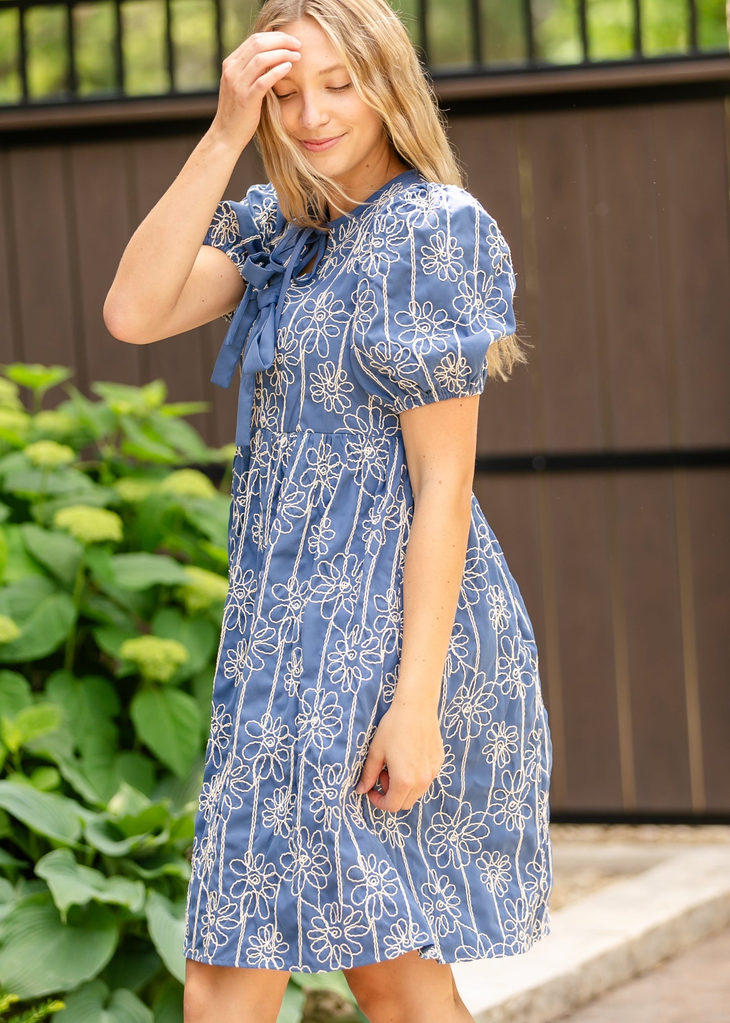 Textured Floral Print Bubble Sleeve Dress - FINAL SALE