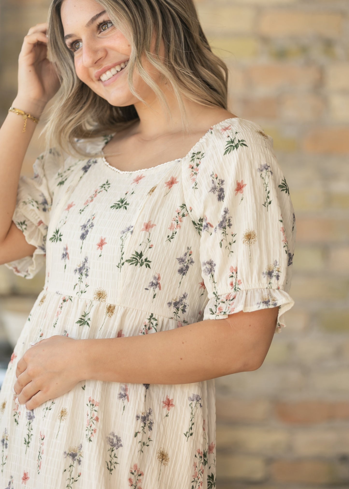 Textured Floral Print Midi Dress