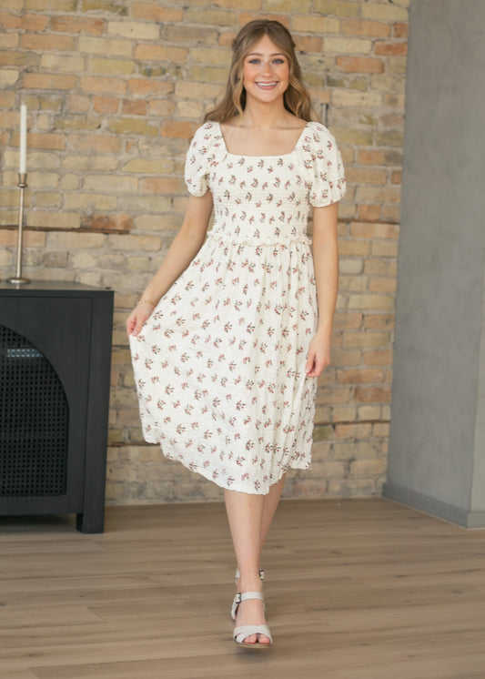 Textured Floral Smocked Midi Dress