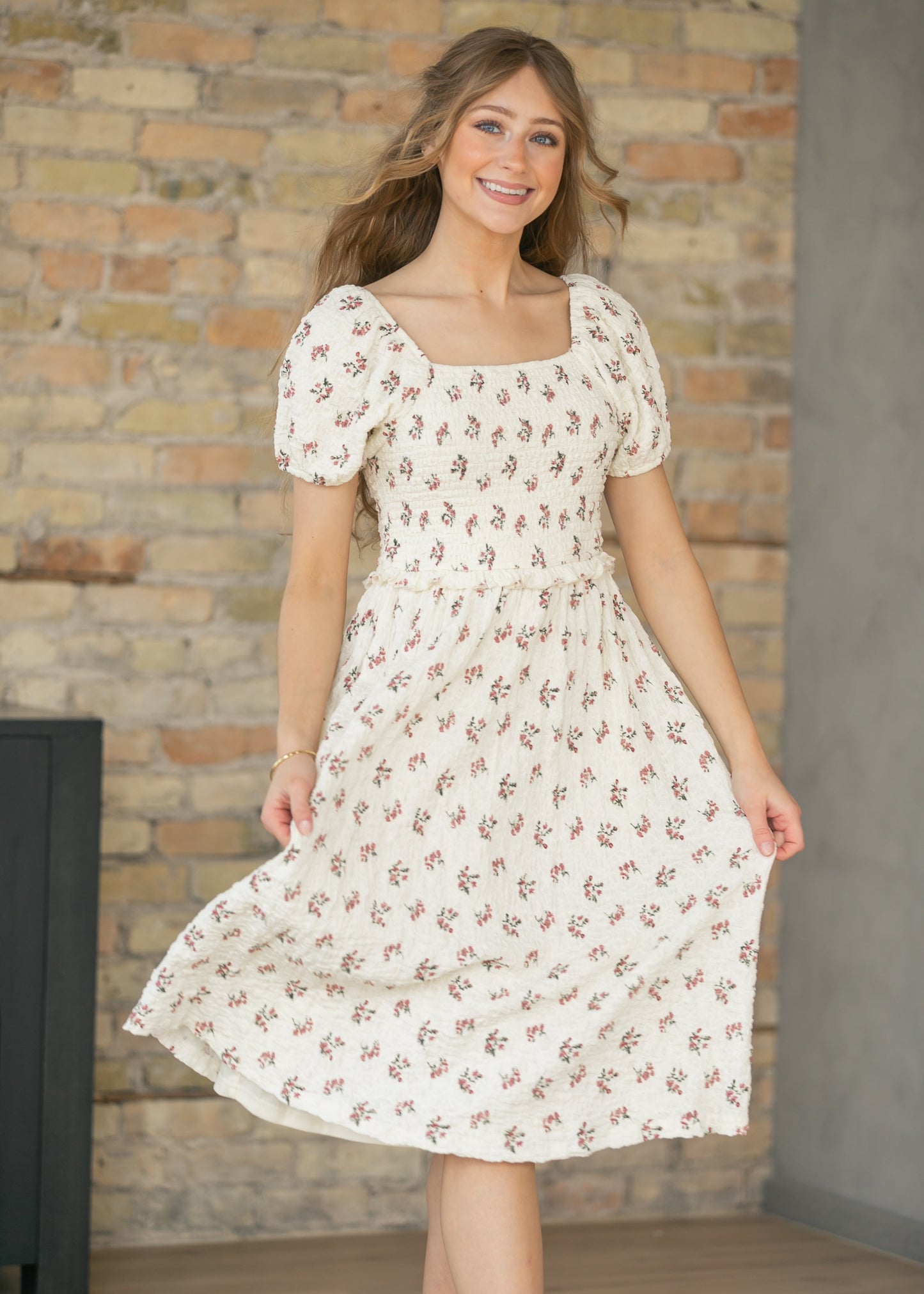 Textured Floral Smocked Midi Dress
