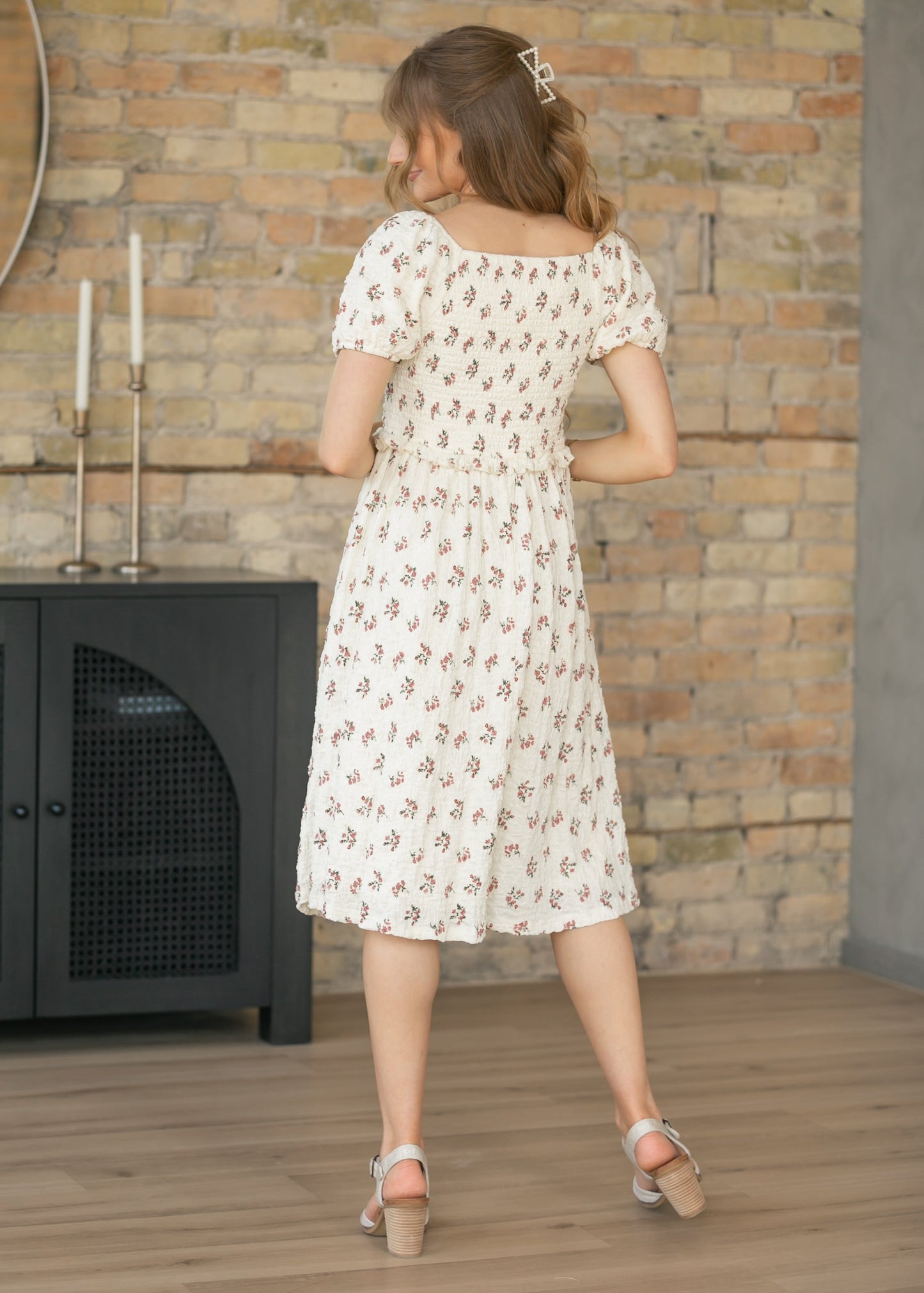 Textured Floral Smocked Midi Dress