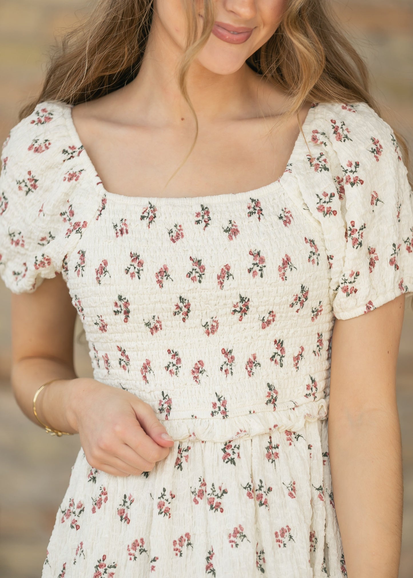 Textured Floral Smocked Midi Dress