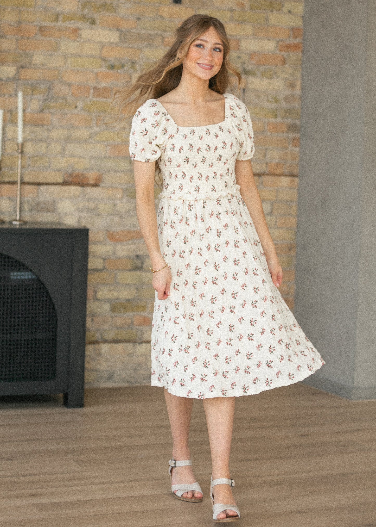 Textured Floral Smocked Midi Dress