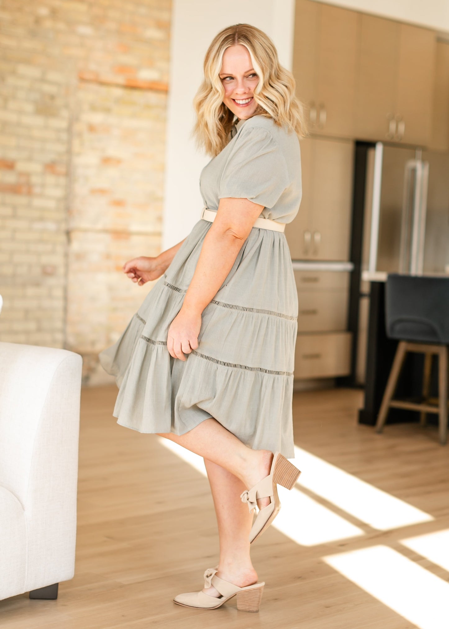 Textured Lace Contrast Half Button Midi Dress - FINAL SALE
