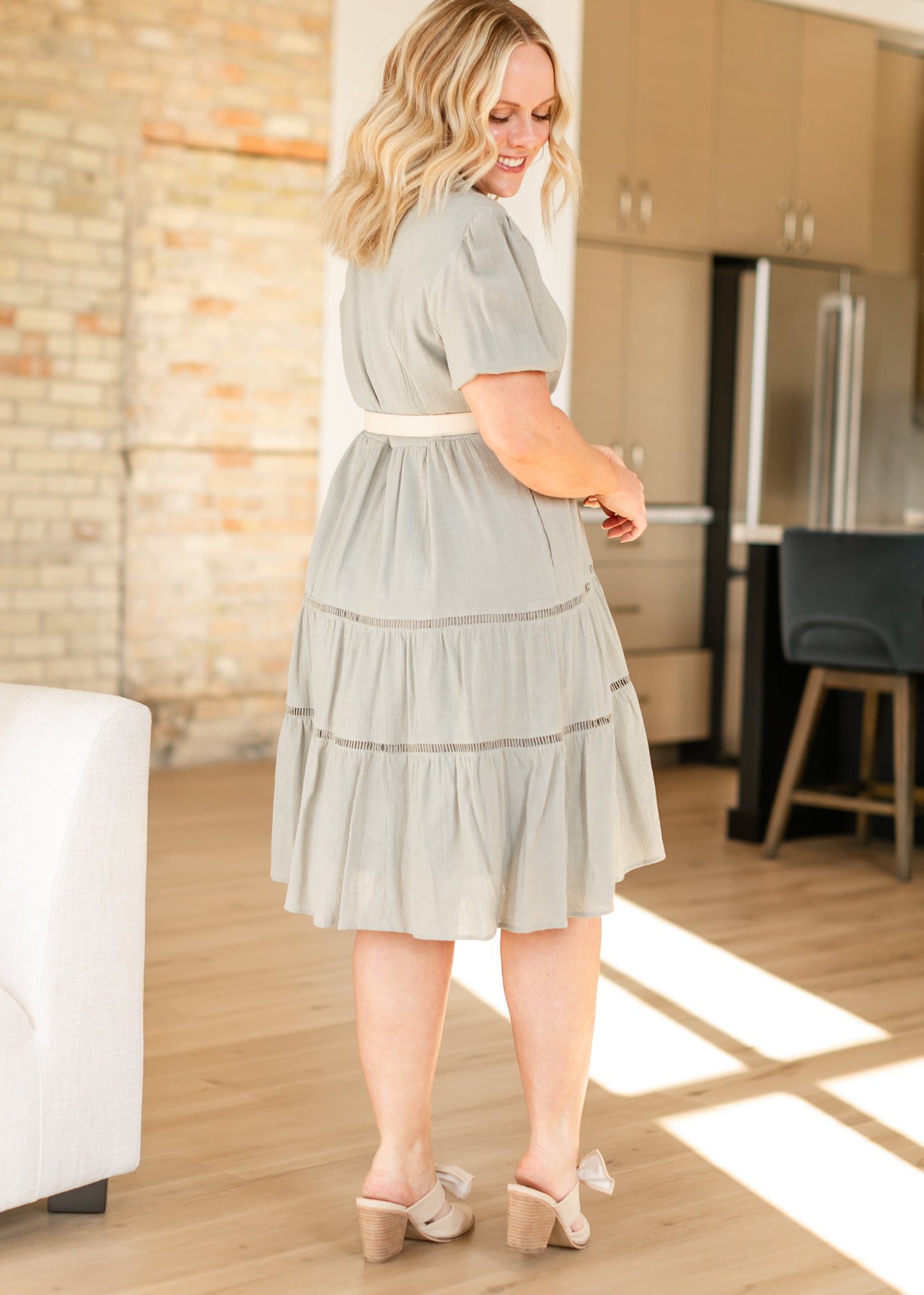 Textured Lace Contrast Half Button Midi Dress - FINAL SALE