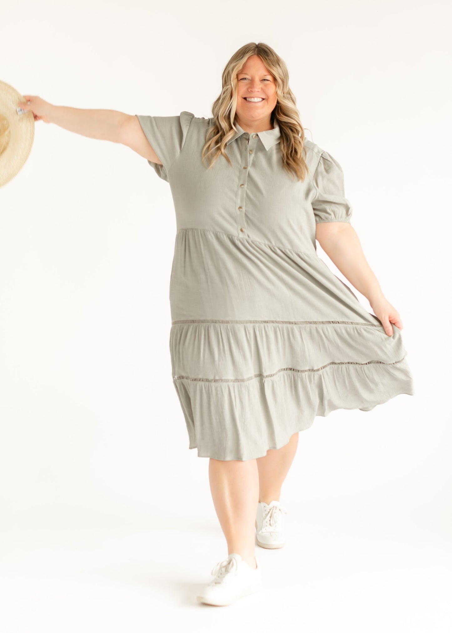 Textured Lace Contrast Half Button Midi Dress - FINAL SALE