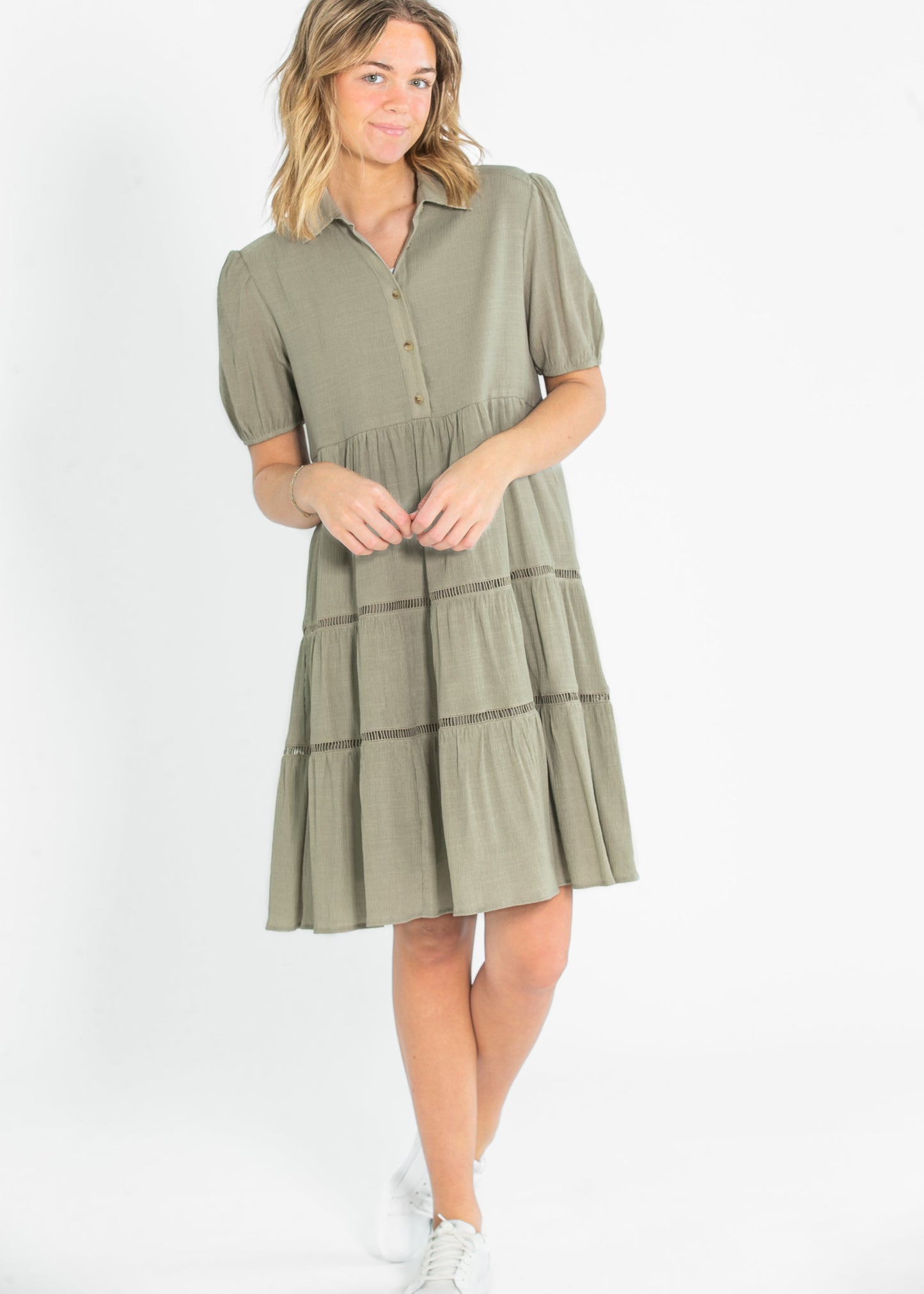 Textured Lace Contrast Half Button Midi Dress - FINAL SALE