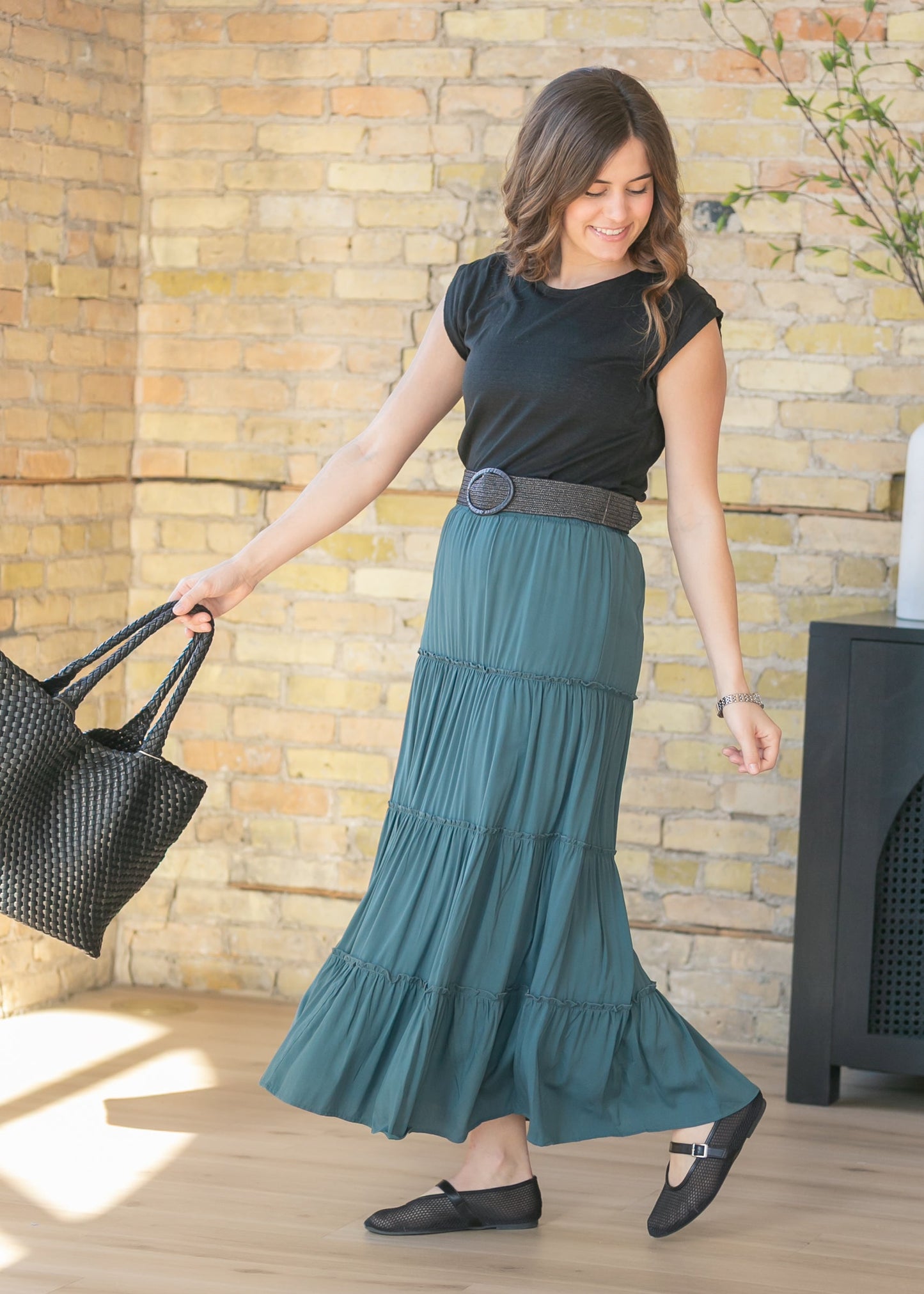 Tiered Elastic Waist Maxi Skirt