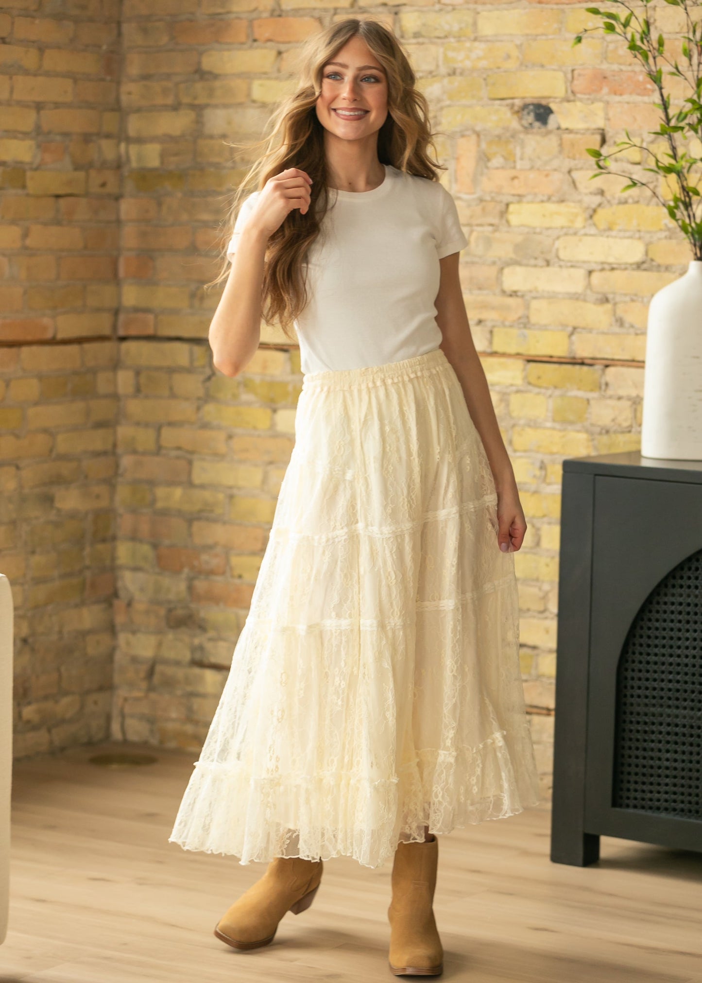 Tiered Lace Midi Skirt