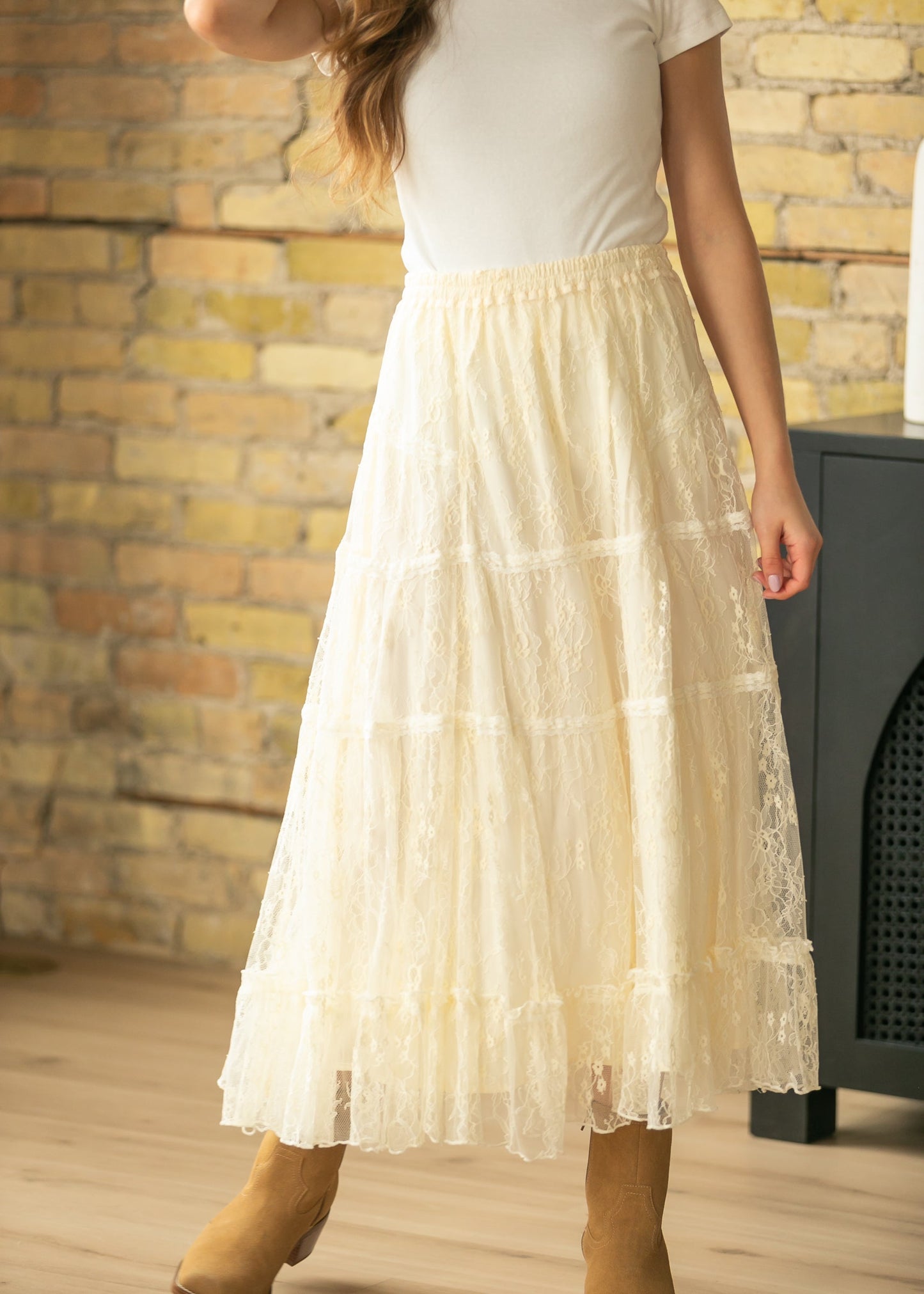 Tiered Lace Midi Skirt