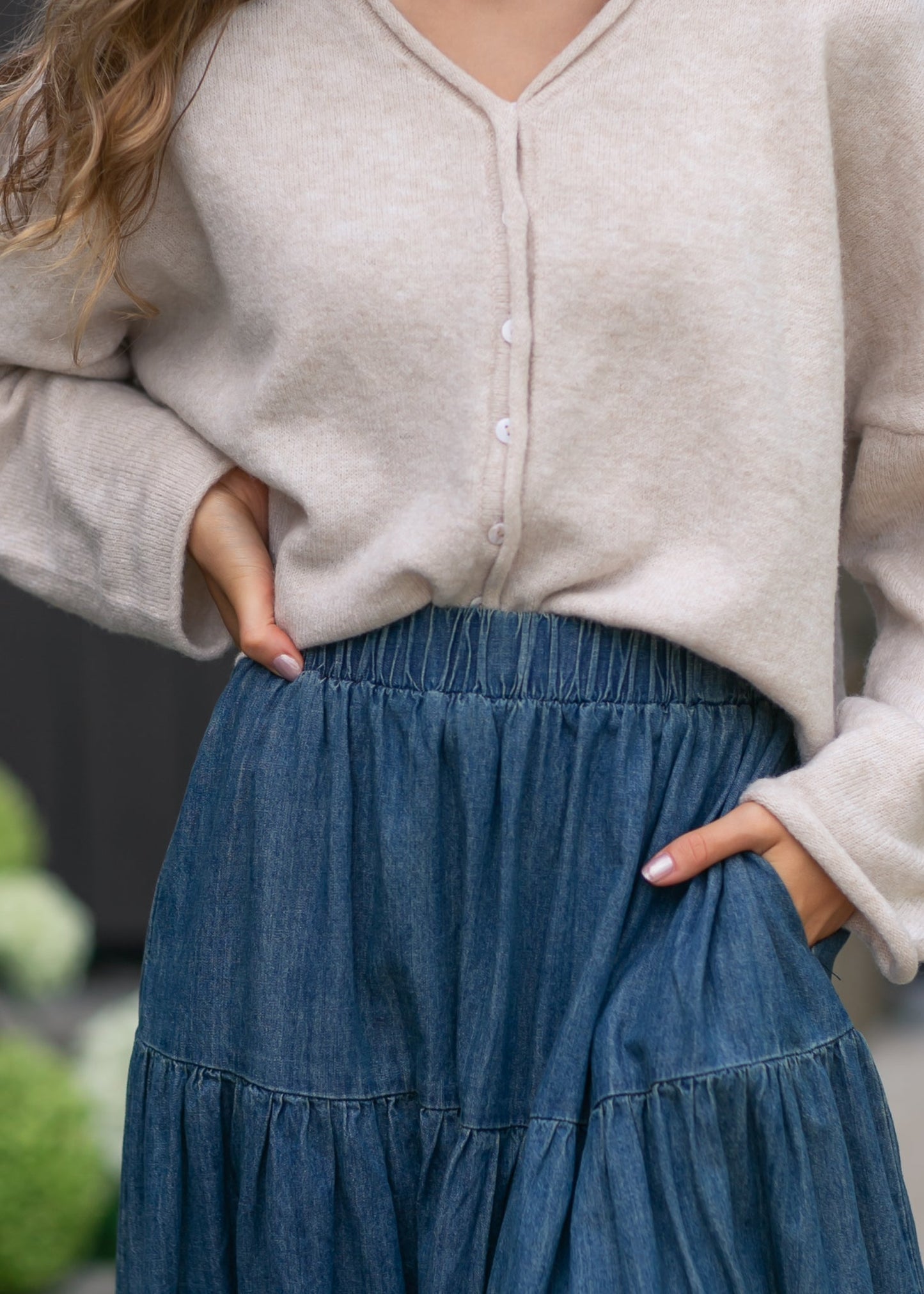 Tiered Stretch Waist Denim Skirt