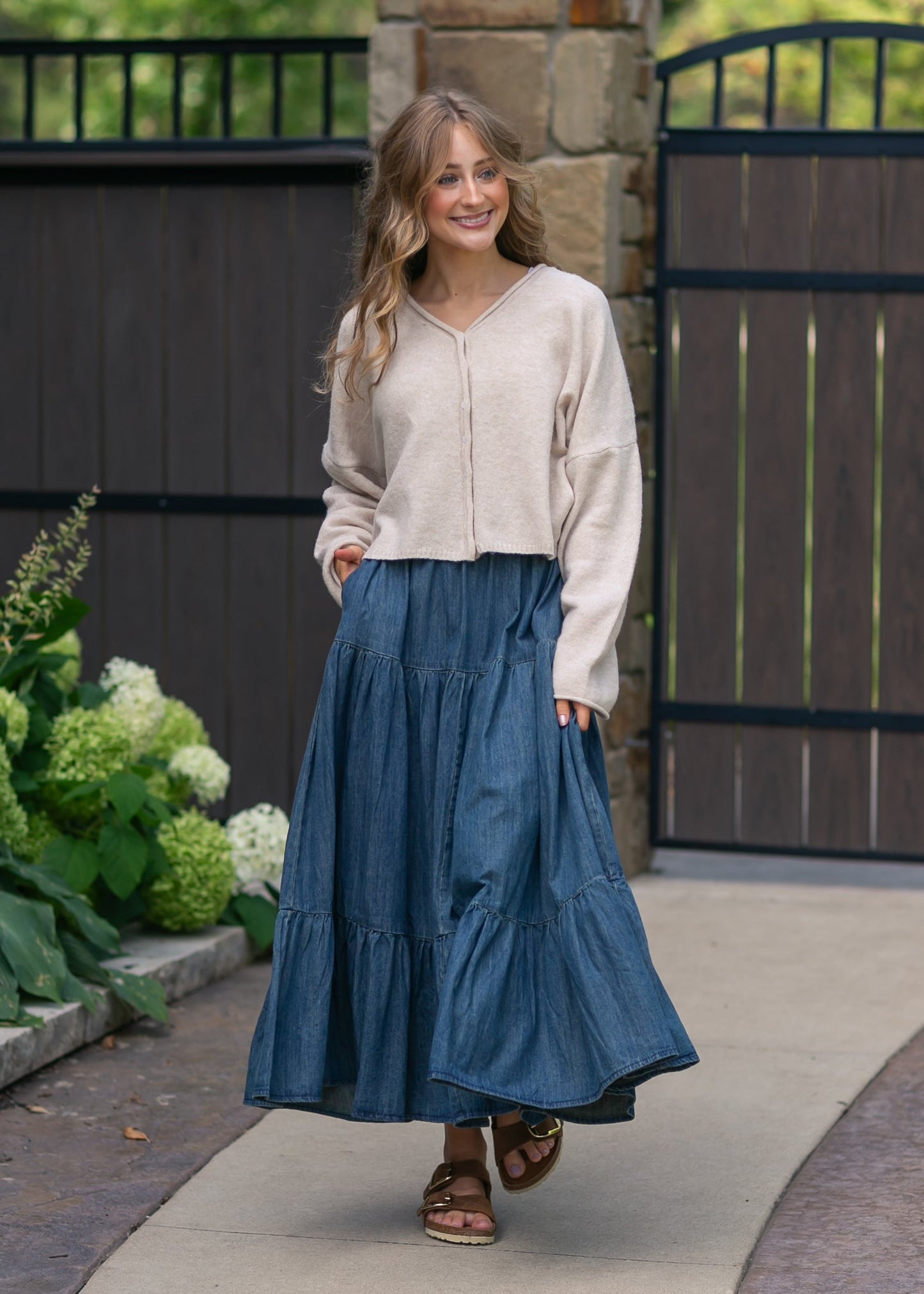 Tiered Stretch Waist Denim Skirt
