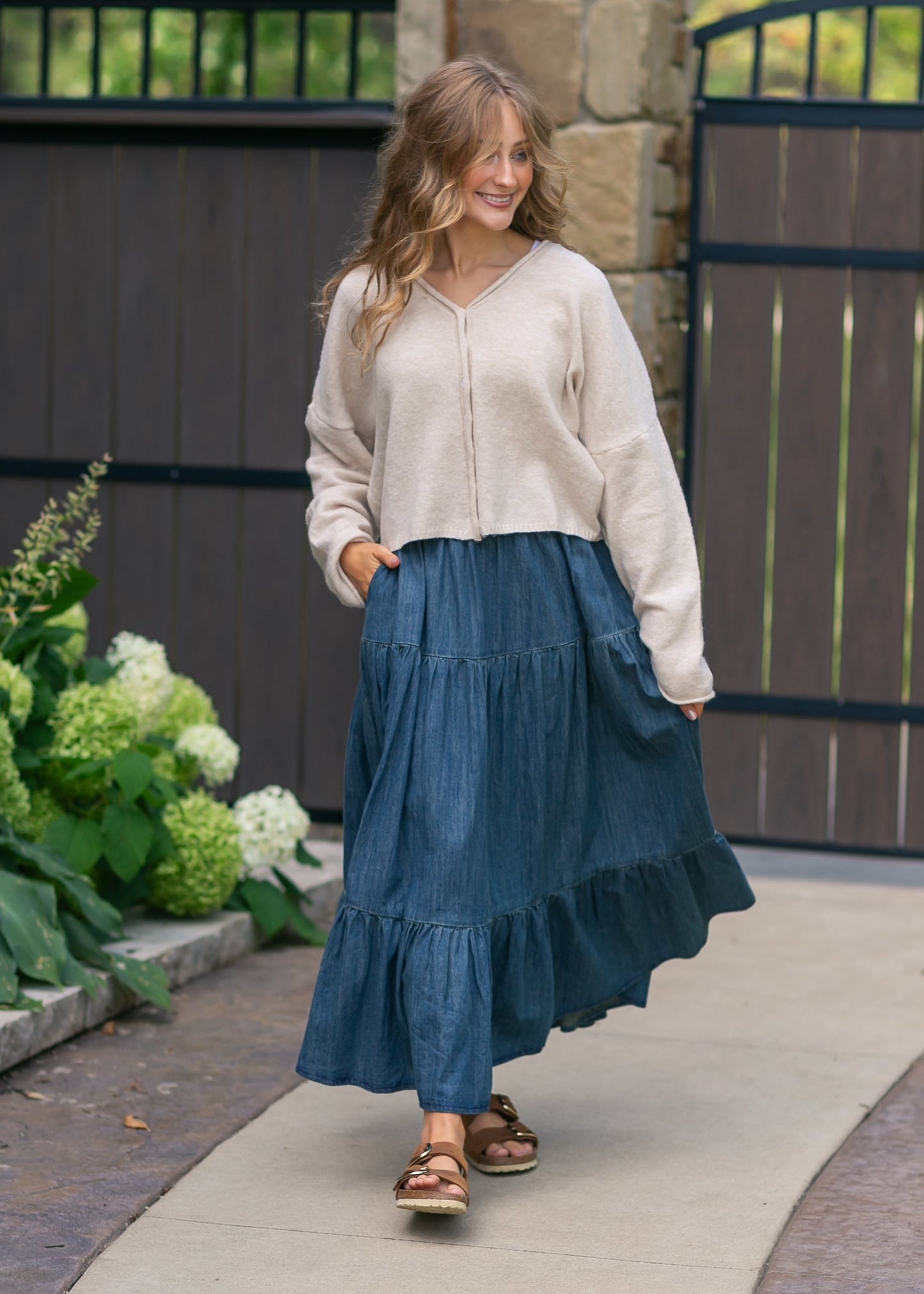 Tiered Stretch Waist Denim Skirt