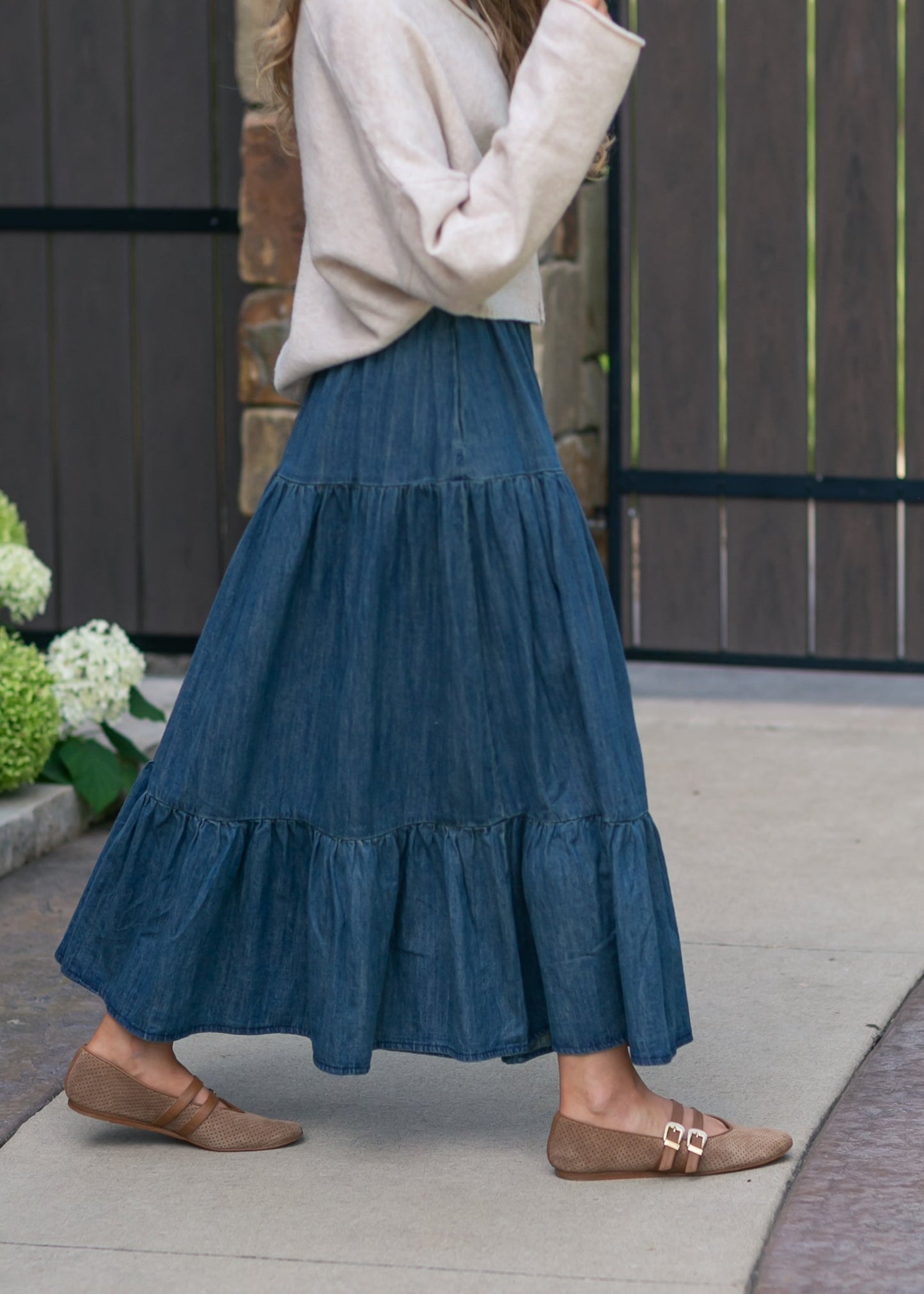 Tiered Stretch Waist Denim Skirt