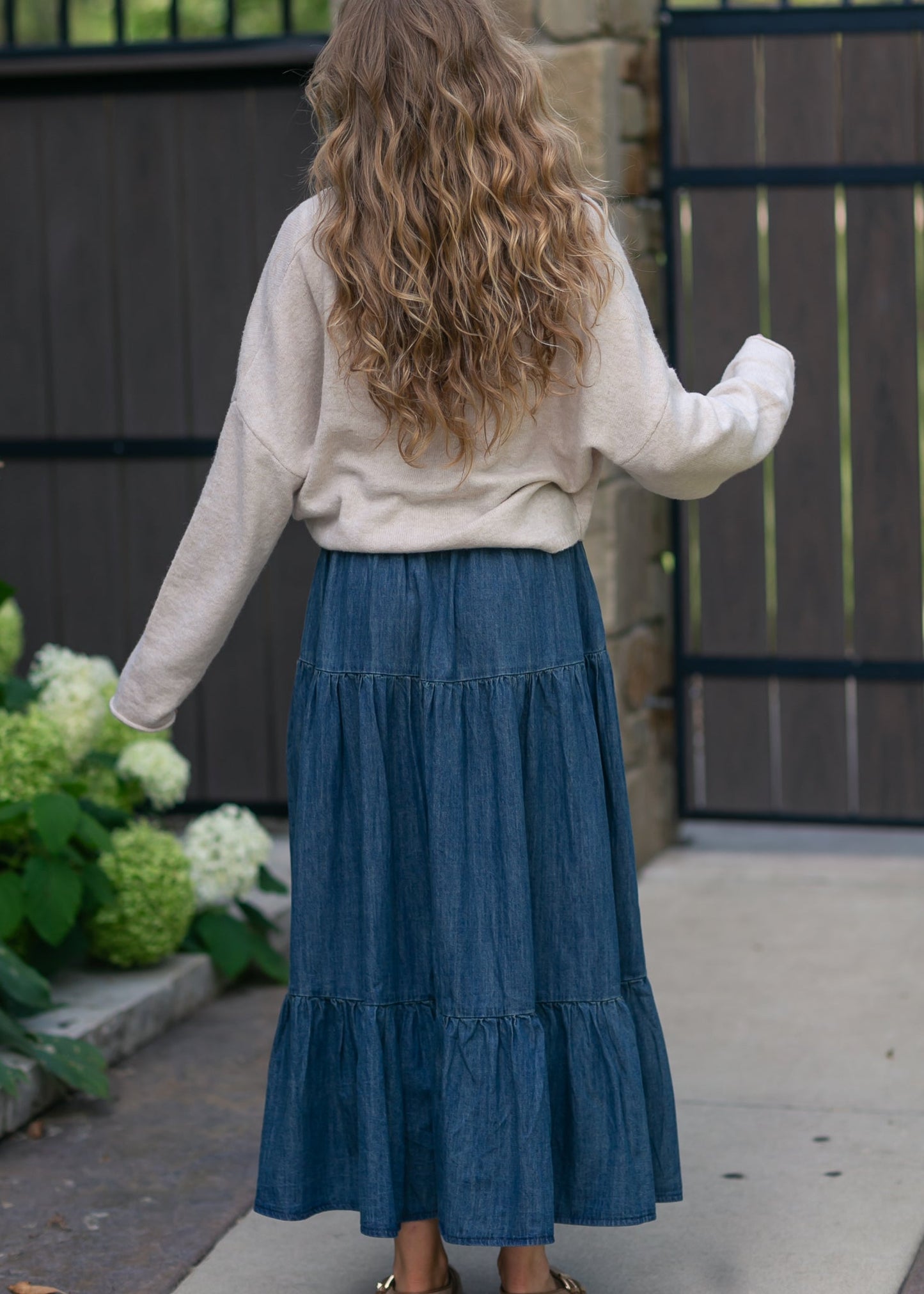 Tiered Stretch Waist Denim Skirt