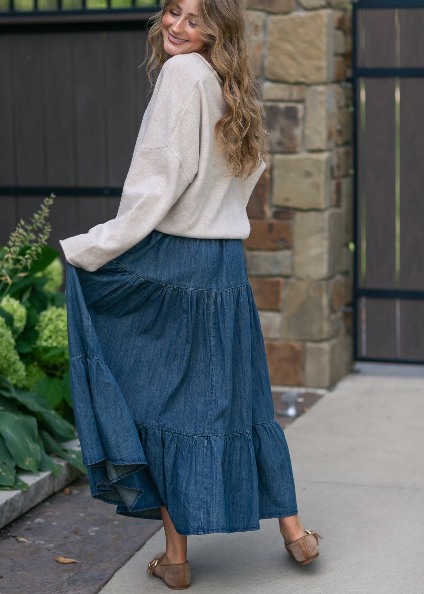 Tiered Stretch Waist Denim Skirt