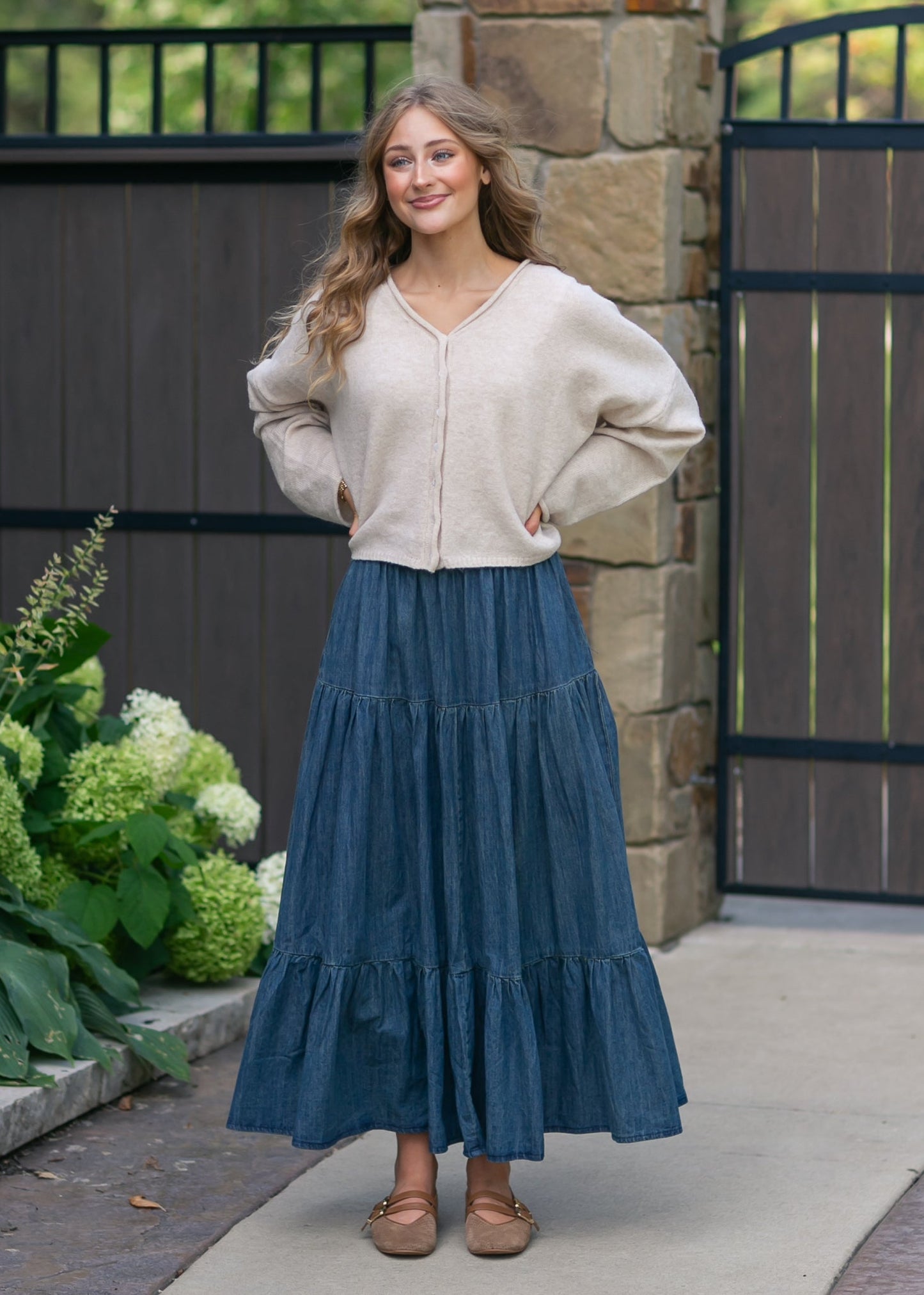 Tiered Stretch Waist Denim Skirt