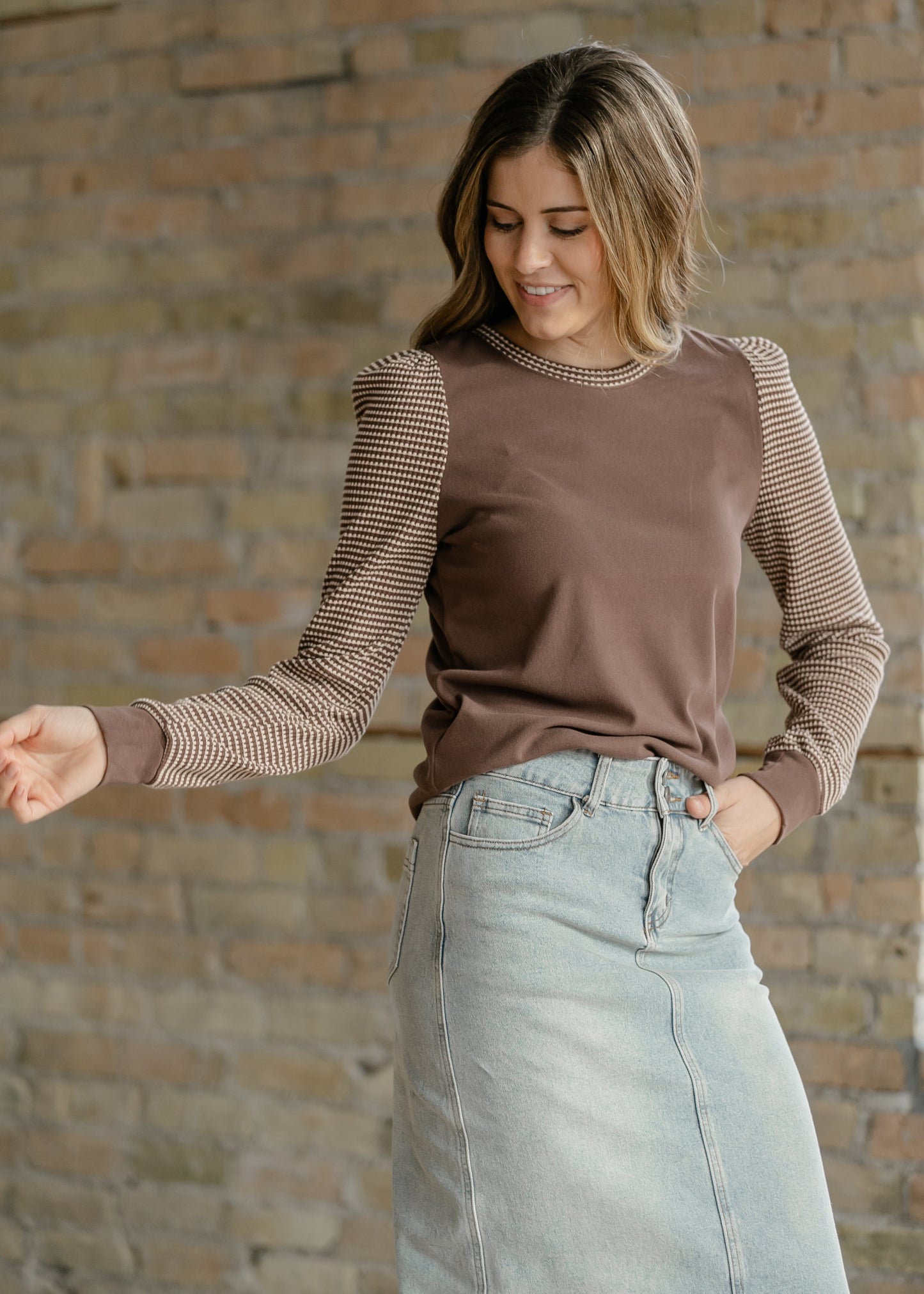 Ultra Soft Waffle Sleeve Contrast Top
