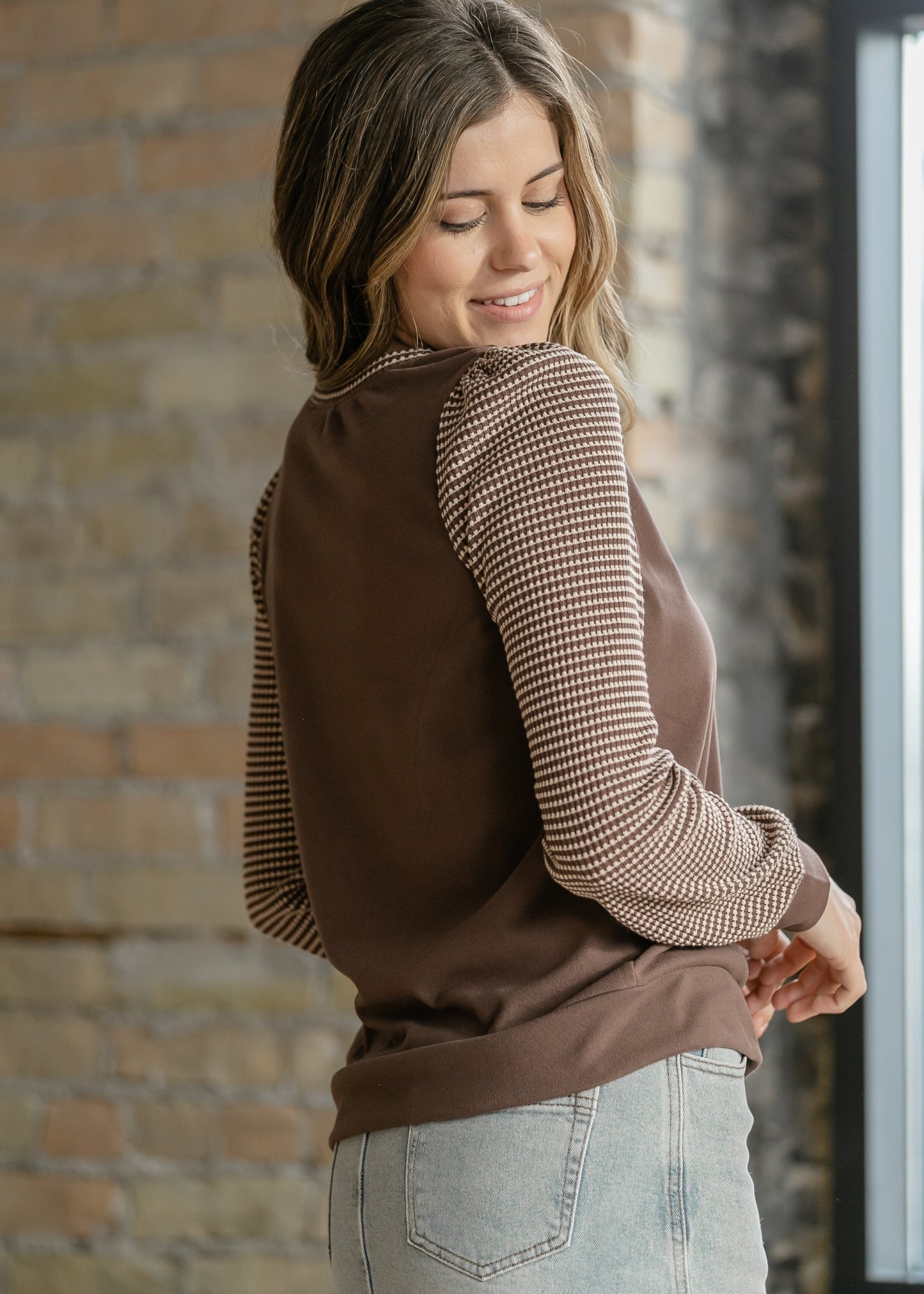 Ultra Soft Waffle Sleeve Contrast Top